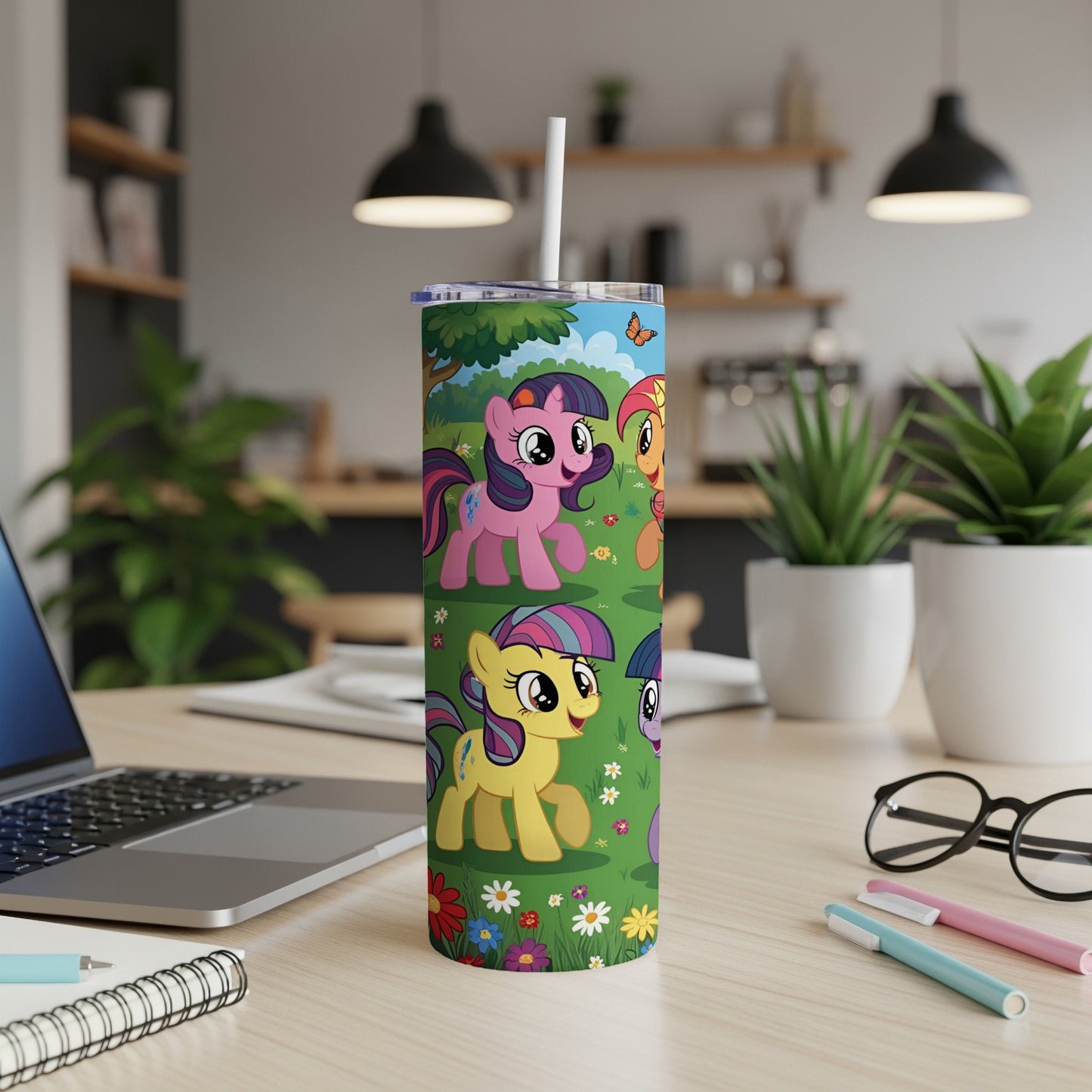 Pinkie Pie, Rainbow Dash, and Fluttershy from My Little Pony on a tumbler.