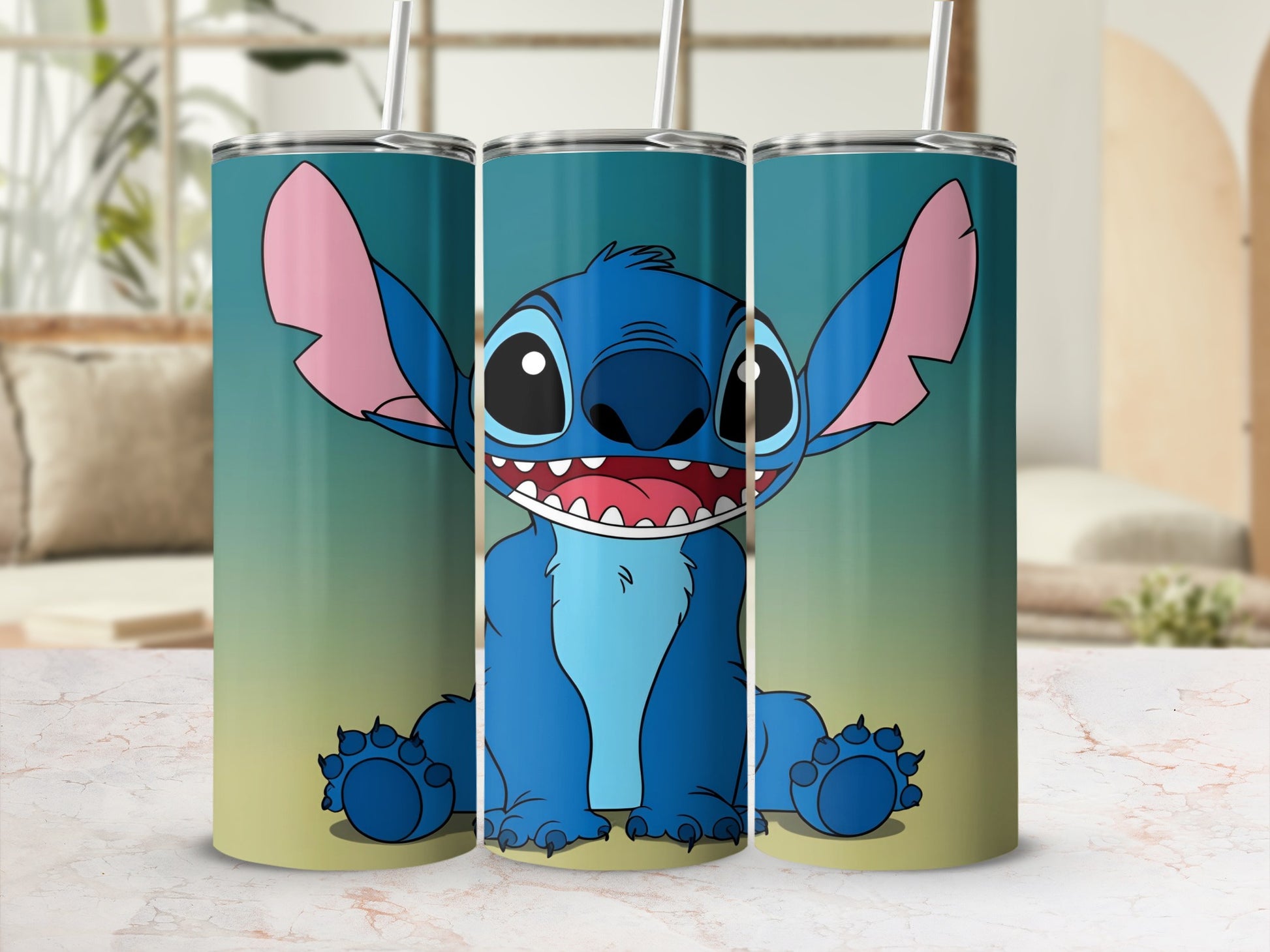 Blue cartoon alien character Stitch smiling from three stacked tumblers.