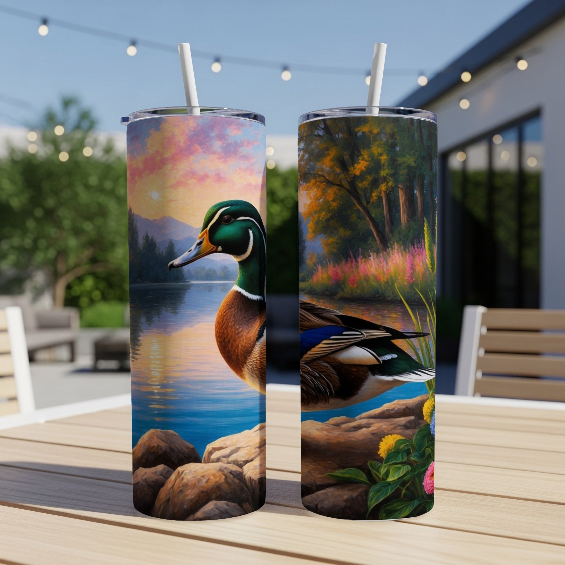 Two tumblers with a mallard duck and colorful landscape design.