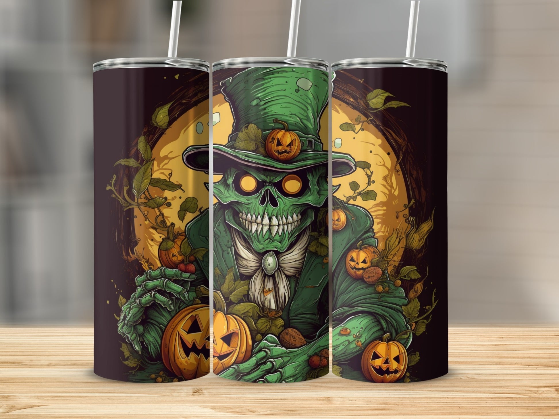 Three tumblers with a green skeleton monster wearing a top hat and holding pumpkins.