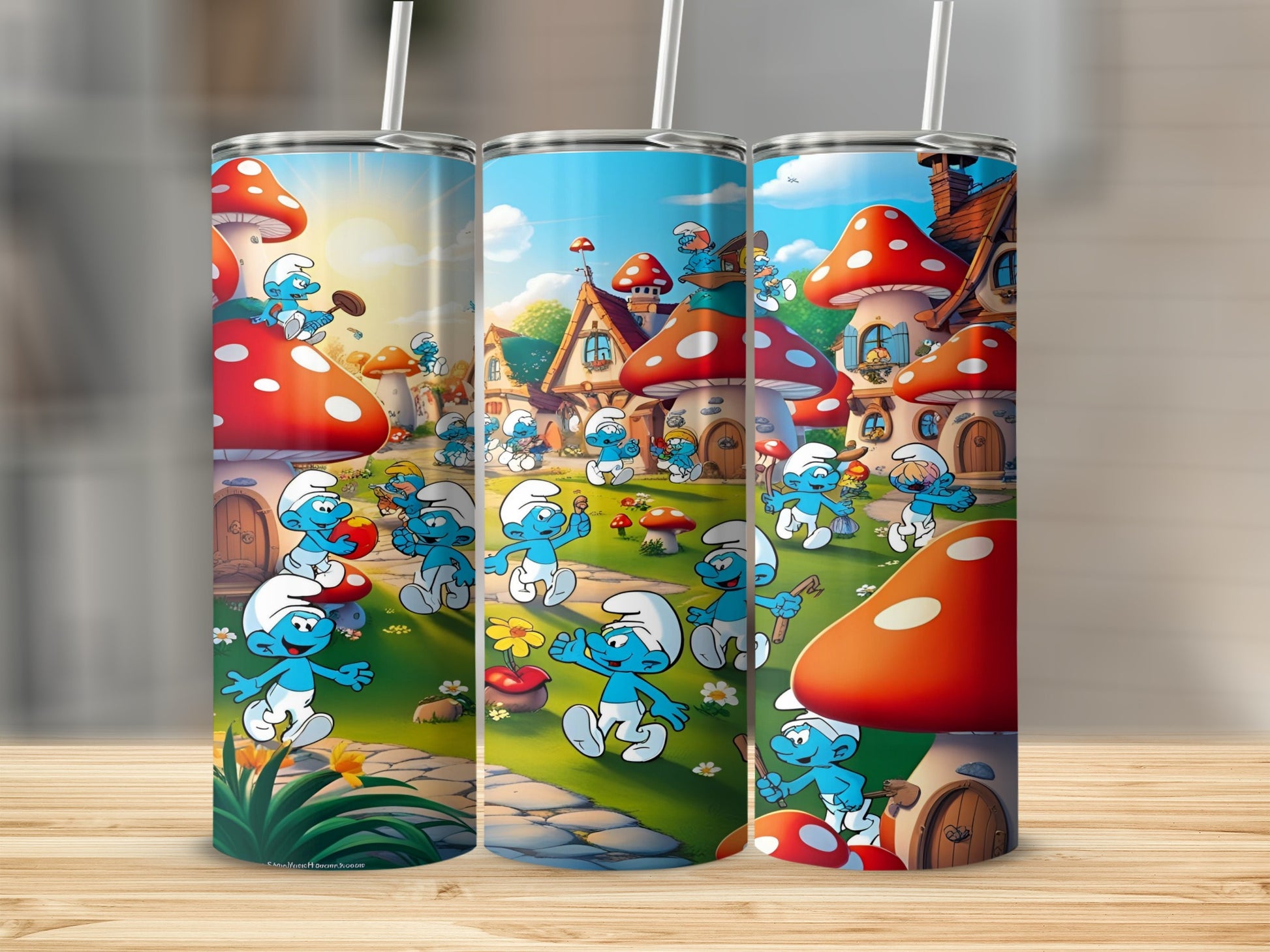 Smurfs village scene with mushroom houses and characters on a tumbler.