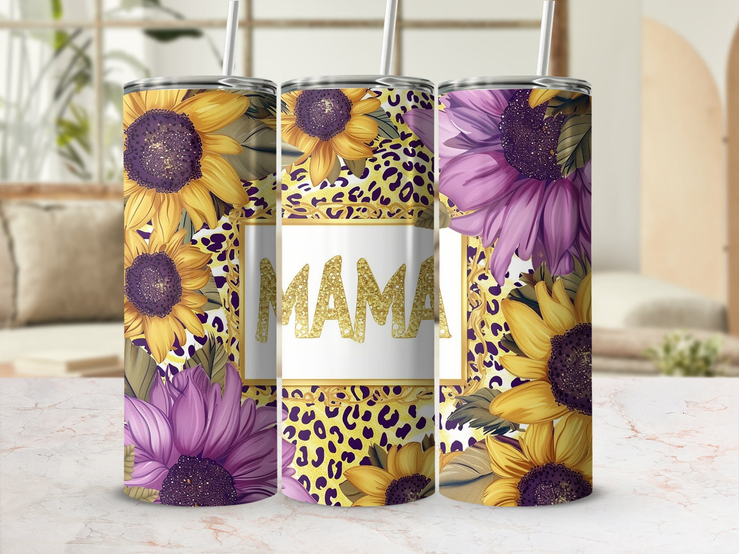Mama Sunflower and Leopard Print Tumbler