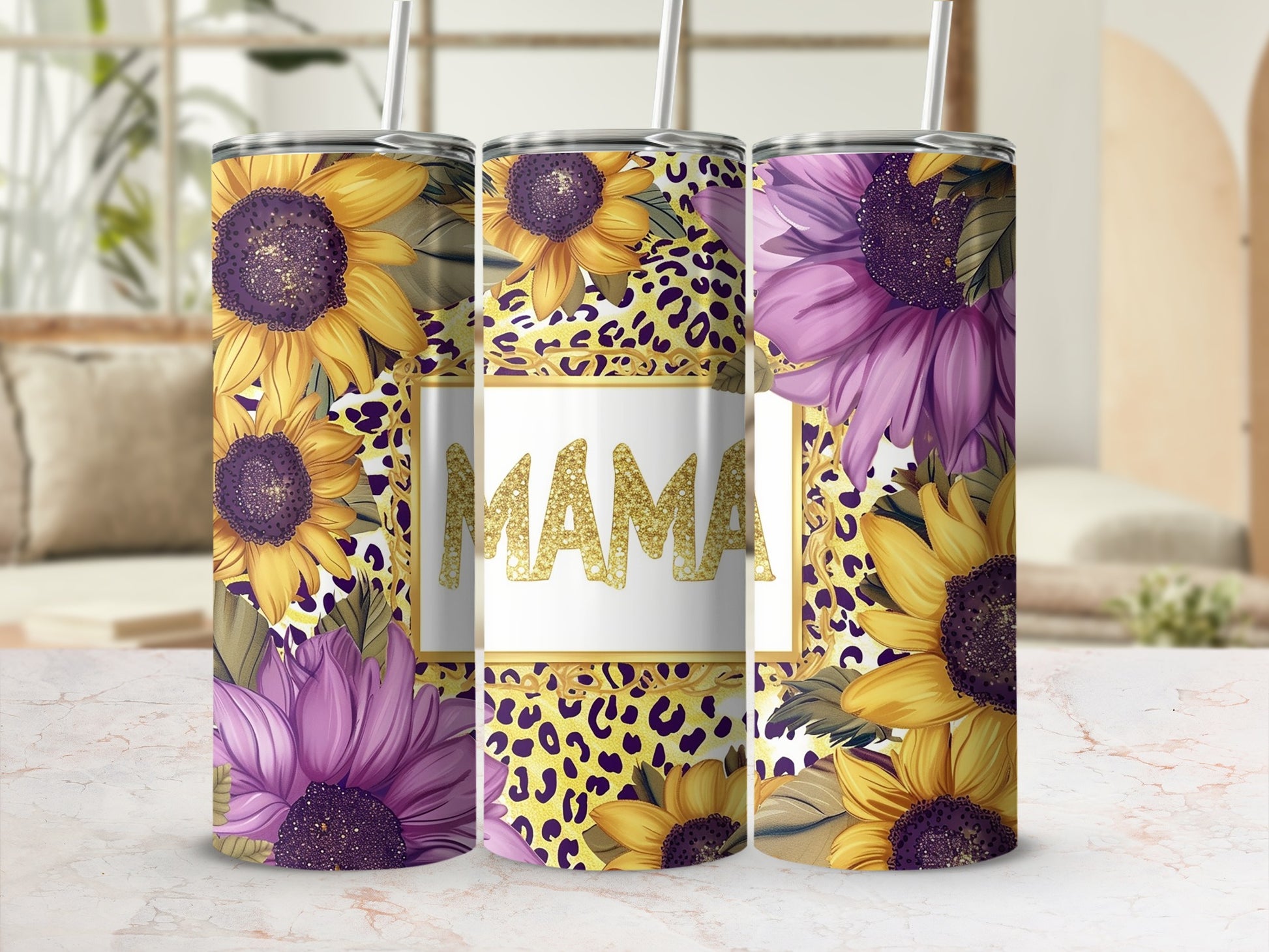 Mama Sunflower and Leopard Print Tumbler