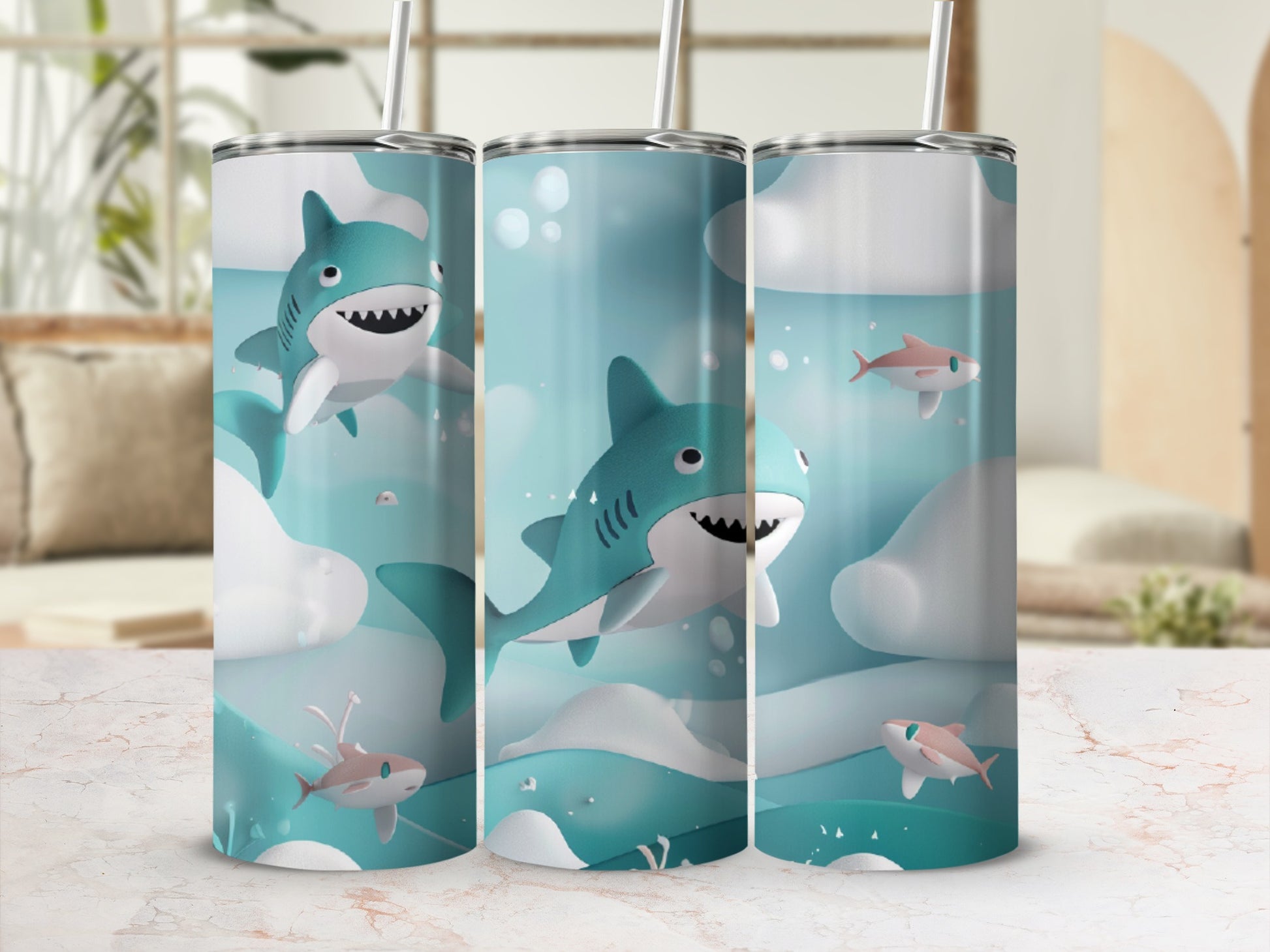 Three tumblers with cartoon sharks, clouds, and waves on a light blue background.