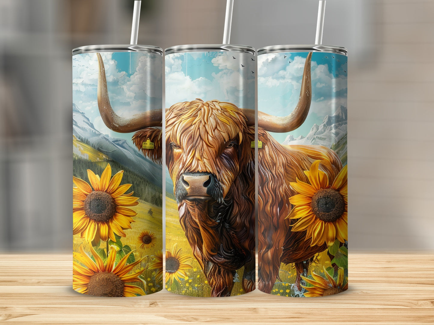 Highland cow with sunflowers and mountains, on a skinny tumbler.