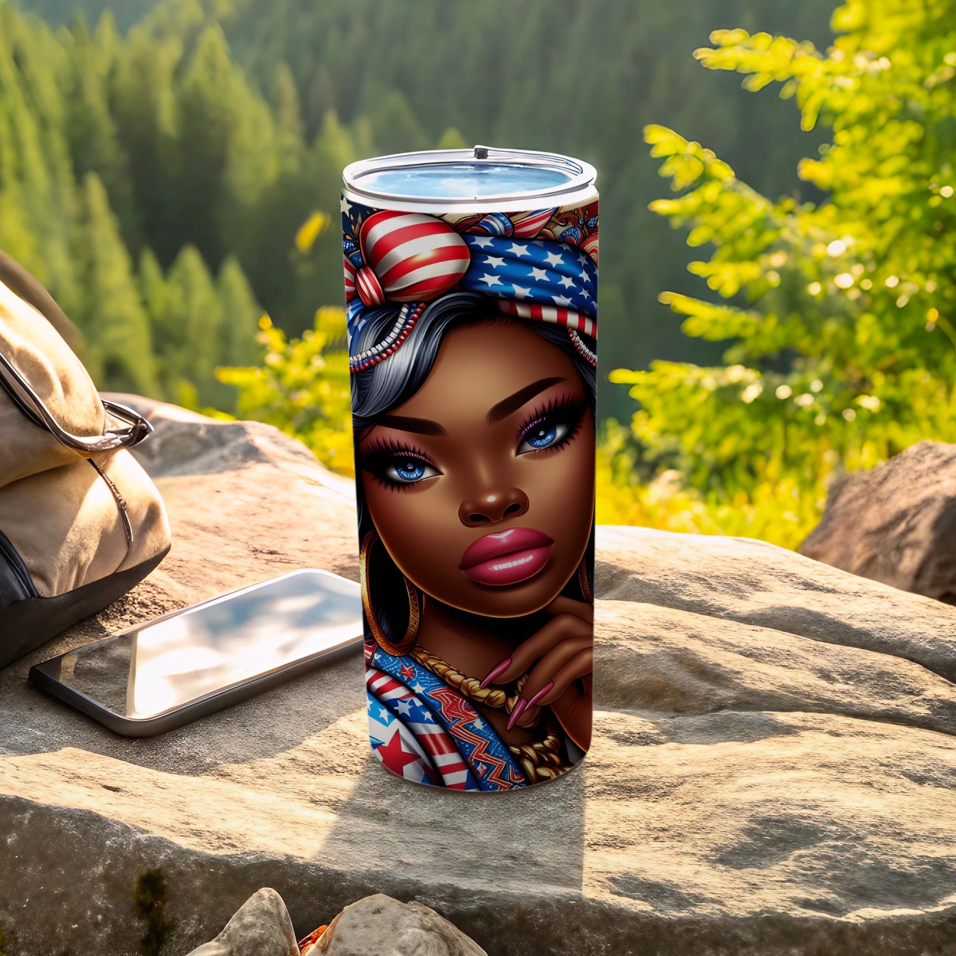 Woman with patriotic headband on tumbler, resting on rocks.