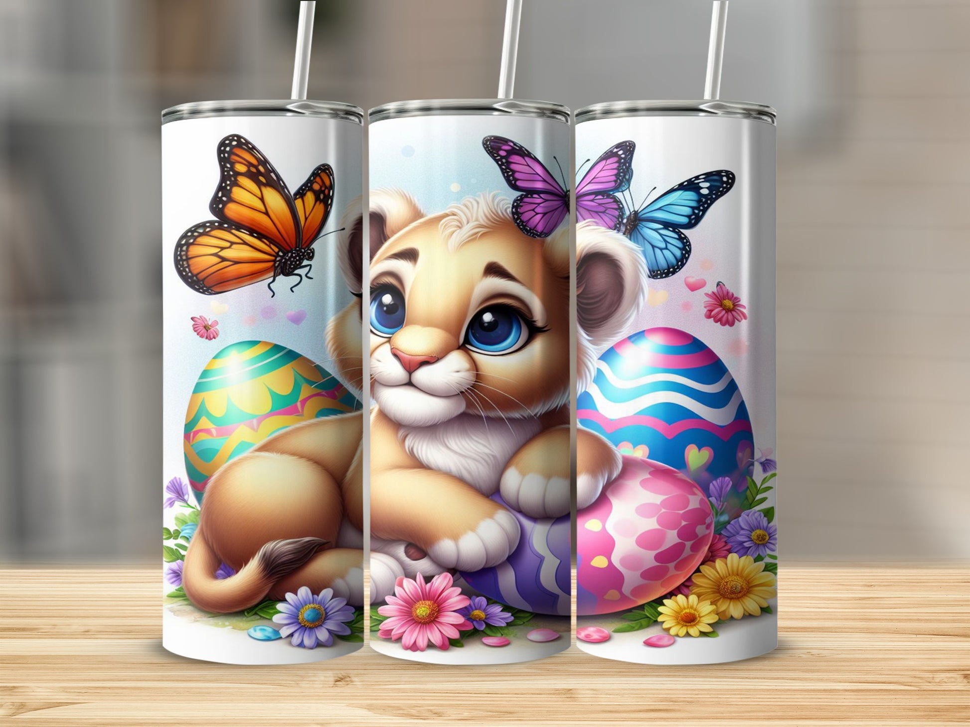 Lion cub with Easter eggs and butterflies.