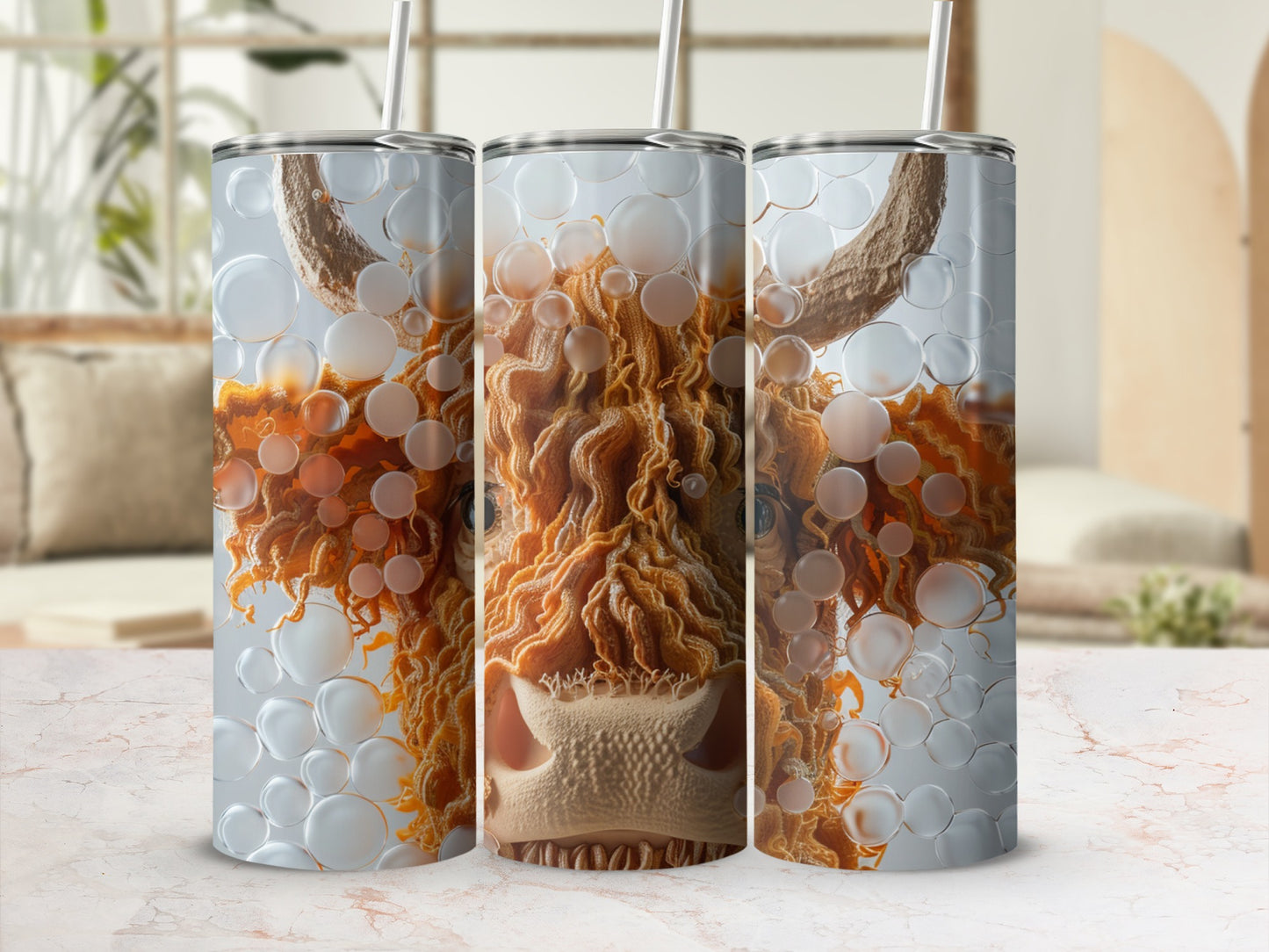Three tumblers with a fuzzy, textured cow face design.