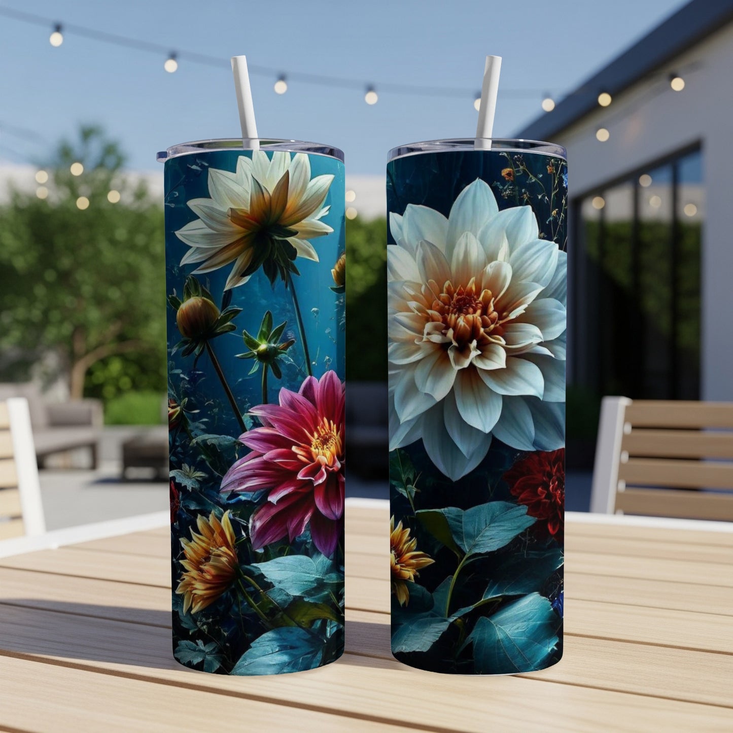 Two floral patterned tumblers with dahlias and straws.