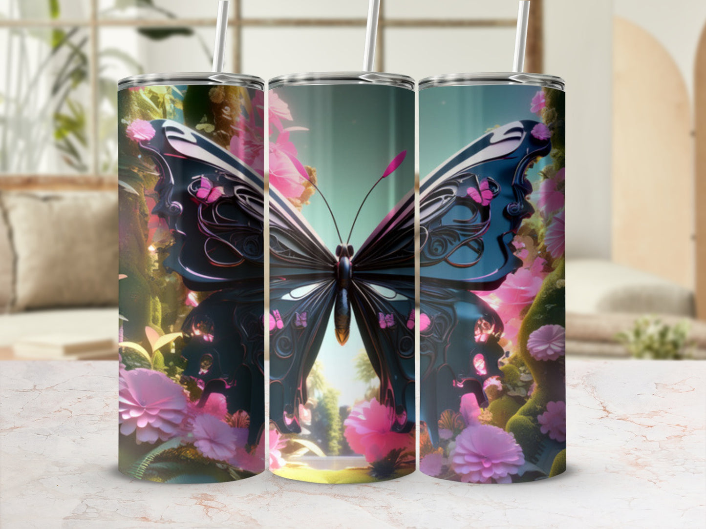 Triptych of tumblers with iridescent black butterfly and pink flowers.