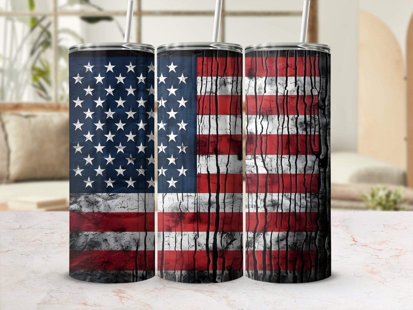 Three tumblers with distressed American flag designs.