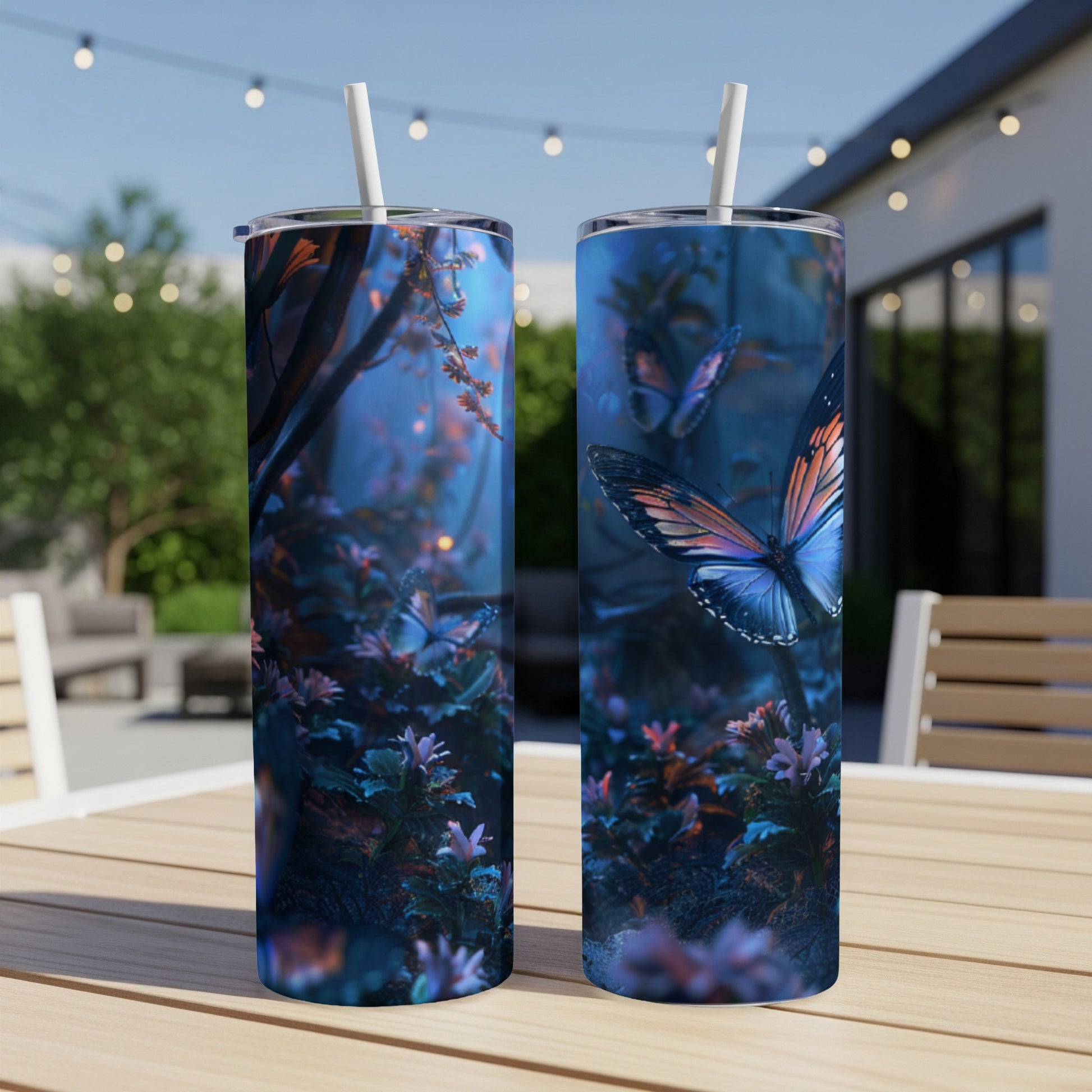 Two tumblers with a dark, magical forest and butterfly design.