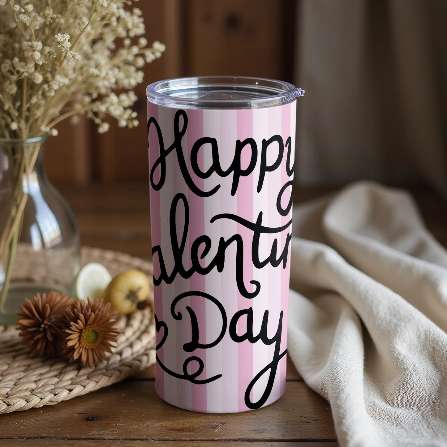 Happy Valentines Day Pink Striped Tumbler Cup