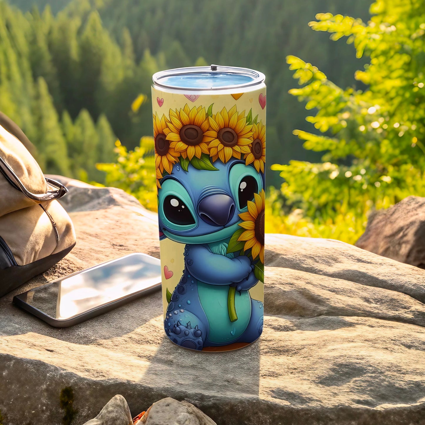 Cute Blue Cartoon Character with Sunflowers Tumbler