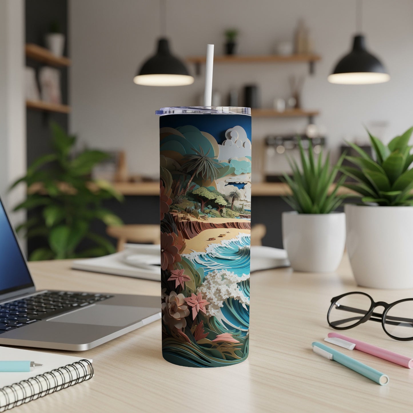 Tall insulated tumbler with a tropical beach scene wrap.