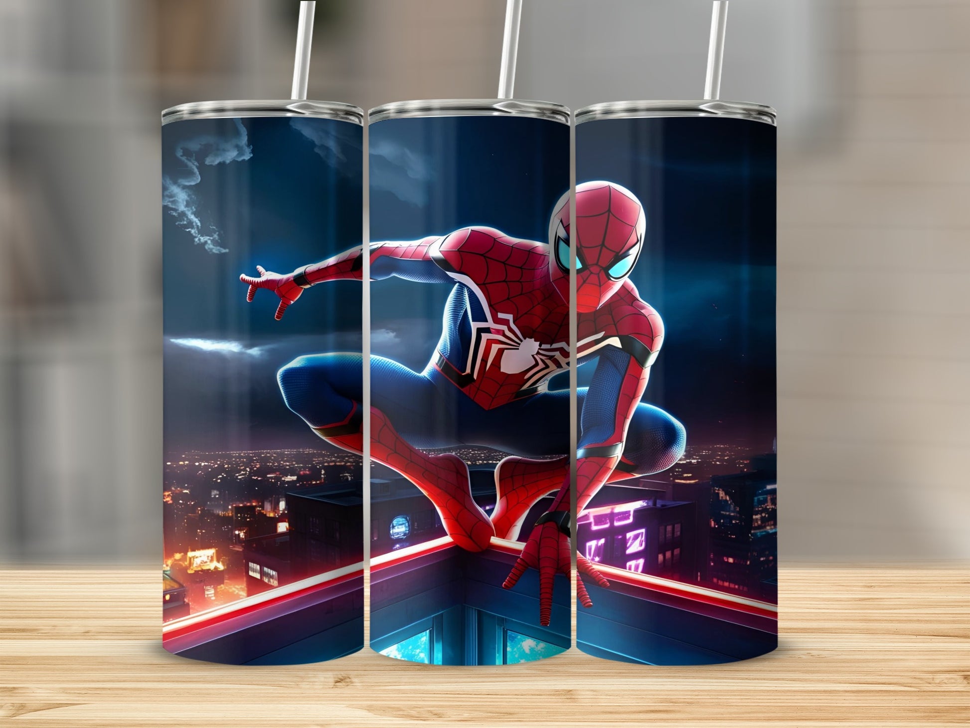 Spider-Man crouching on a rooftop at night with cityscape background.