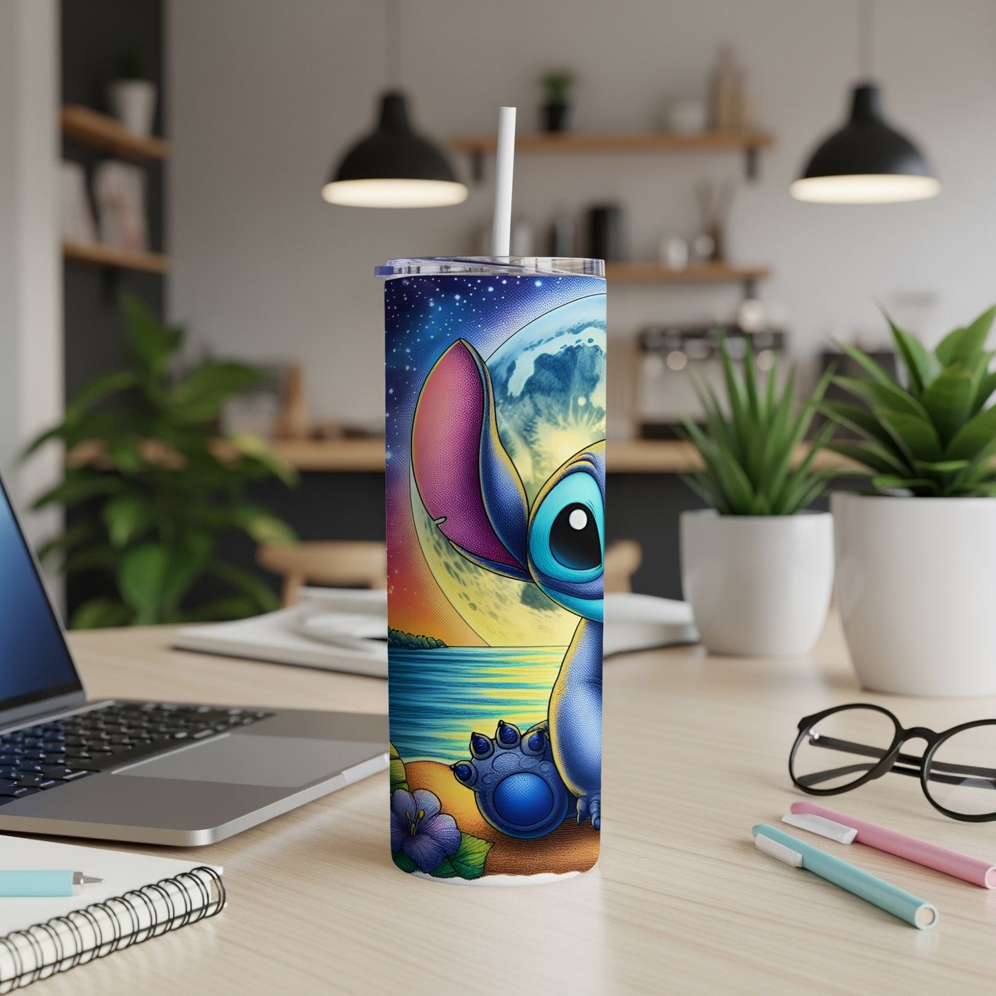 Stitch character on a beach under a moonlit sky on a travel tumbler.