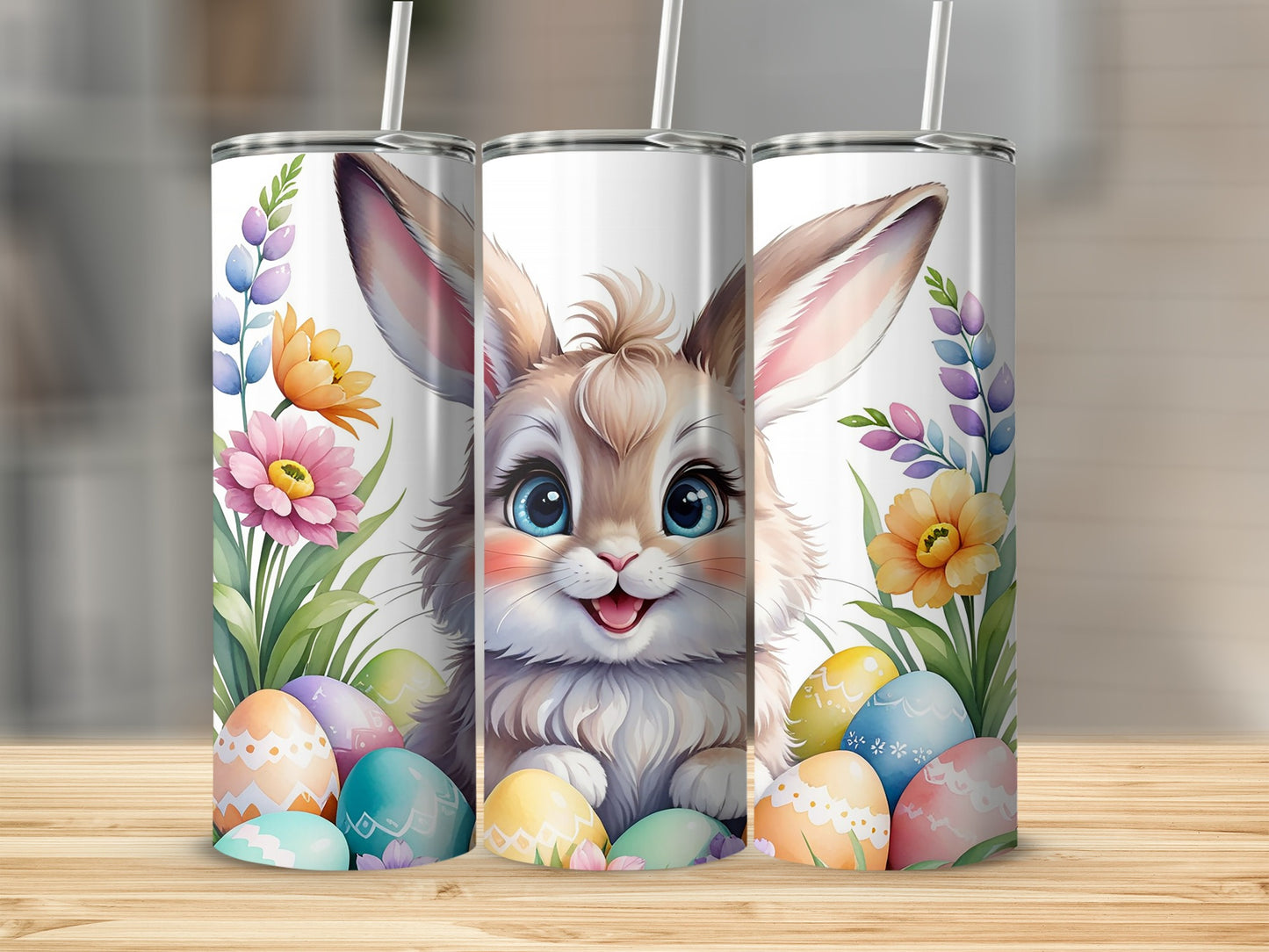 Easter bunny and decorated eggs surrounded by spring flowers.