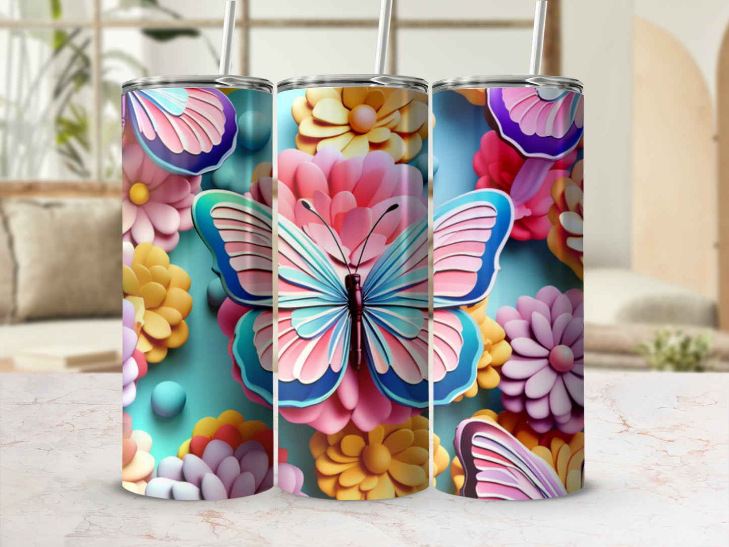 Pink and blue butterfly surrounded by colorful floral patterns on a tumbler.
