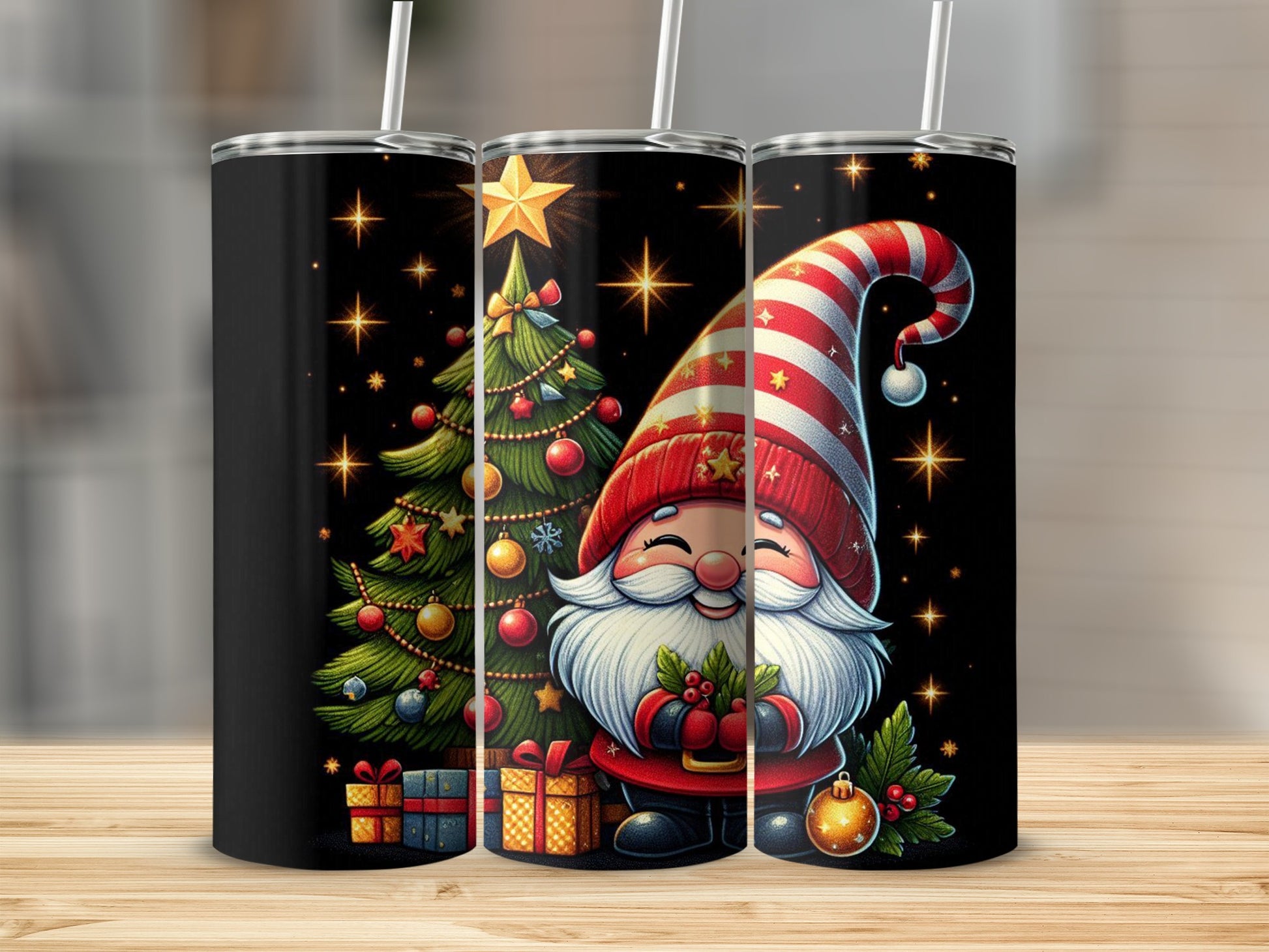 Christmas gnome in a striped hat with gifts and a tree.