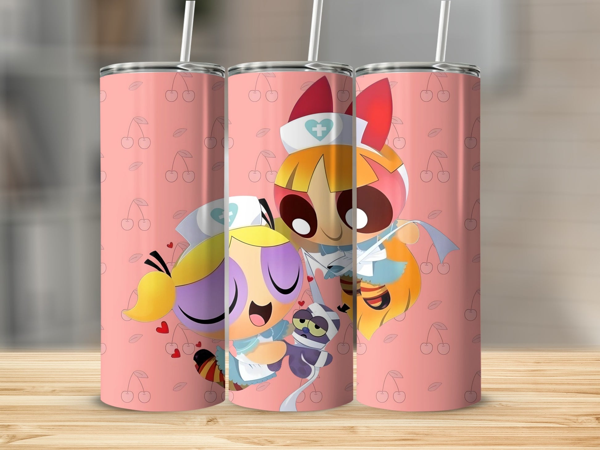 Cute Nurse Cartoon Cherry Pattern Stainless Steel Tumbler