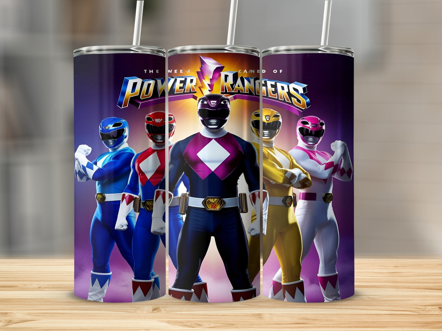 The Mighty Morphin Power Rangers stand heroically in their iconic colored suits.