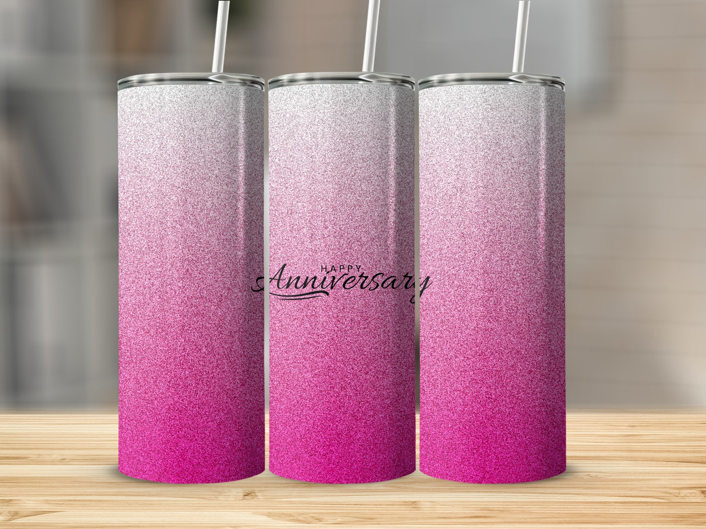 Three pink ombre glitter tumblers with "Happy Anniversary" text.