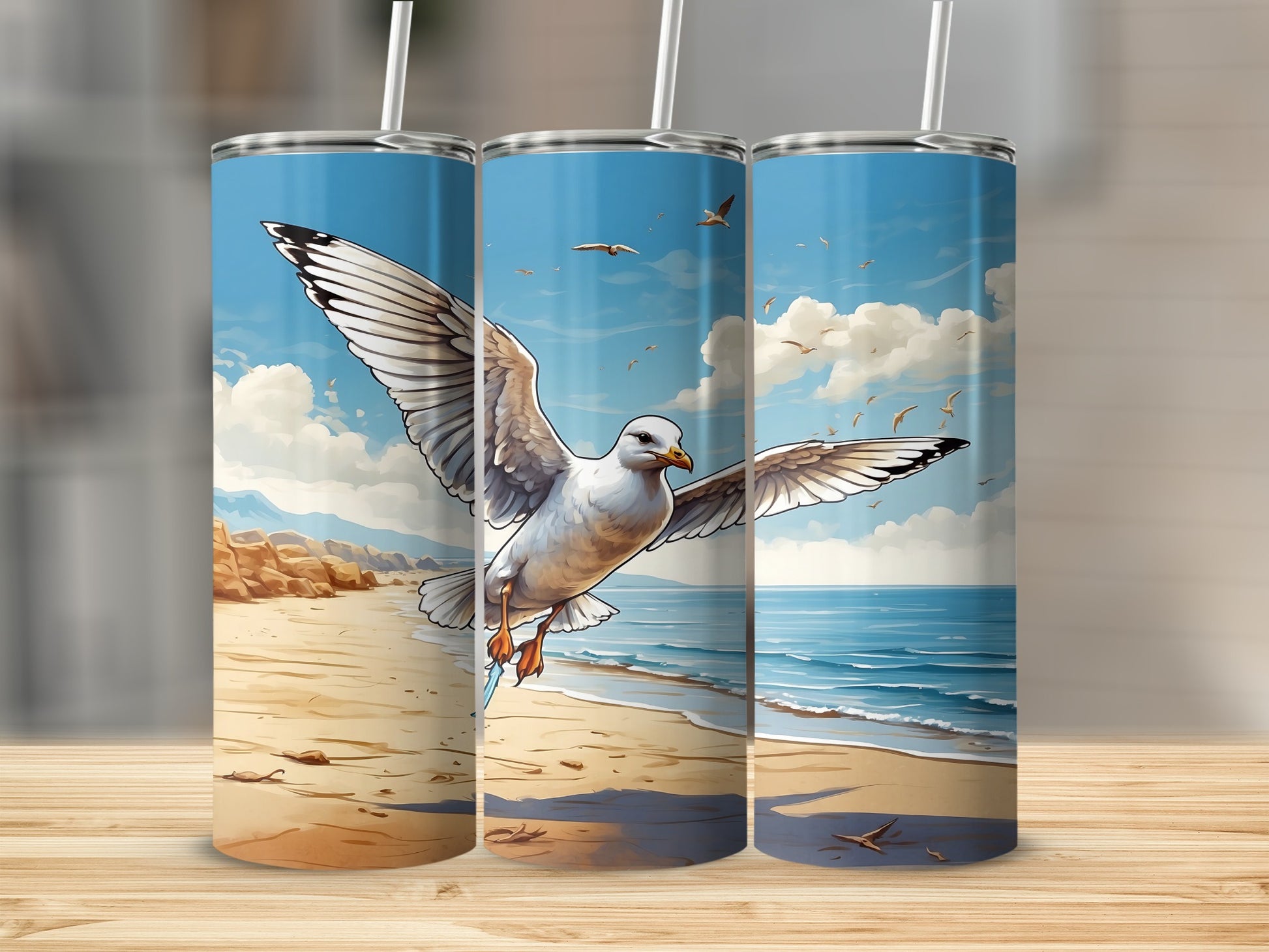 Seagull flying over a beach with ocean and sand, digital art.