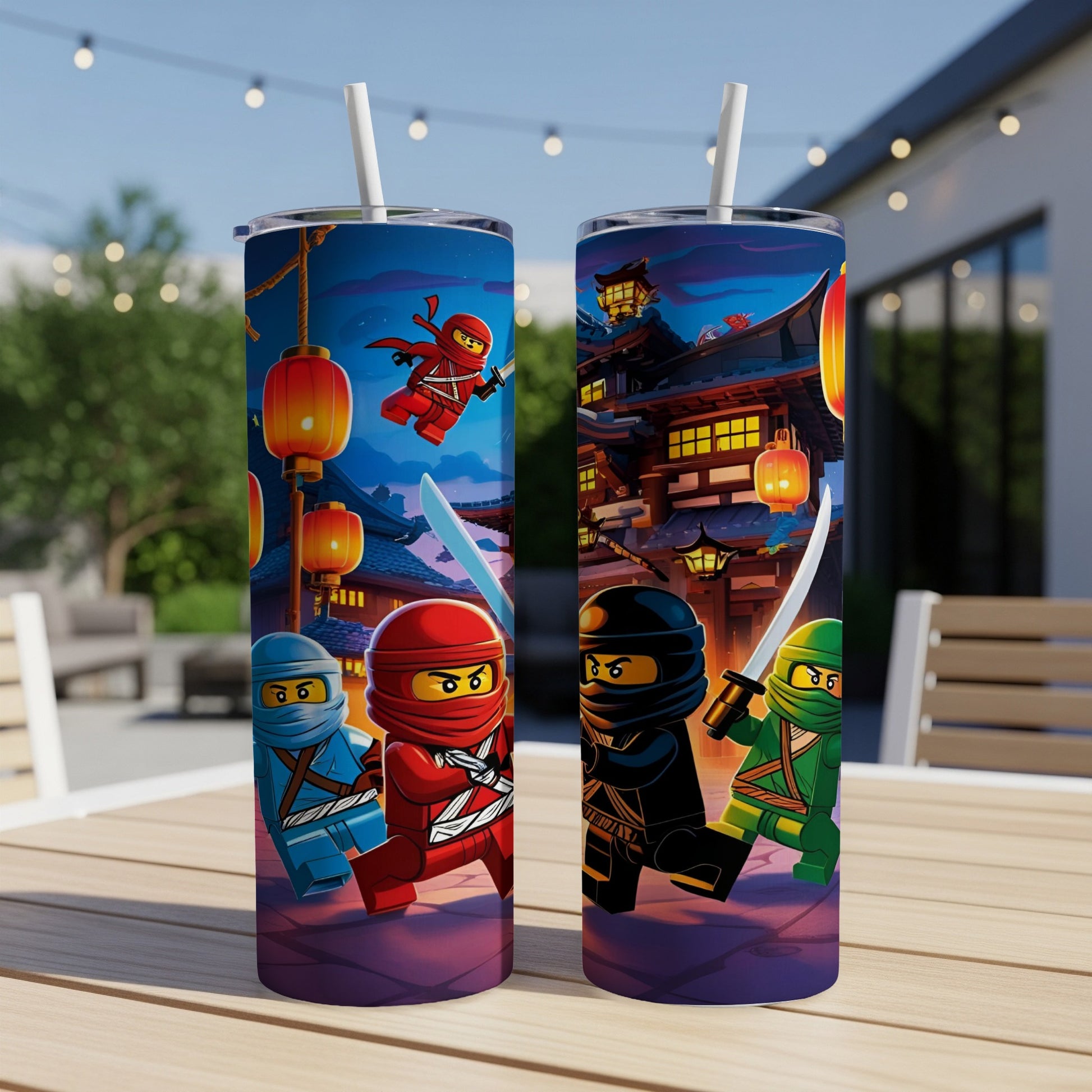 Two Lego Ninjago tumblers with characters Kai, Jay, Cole, and Zane.