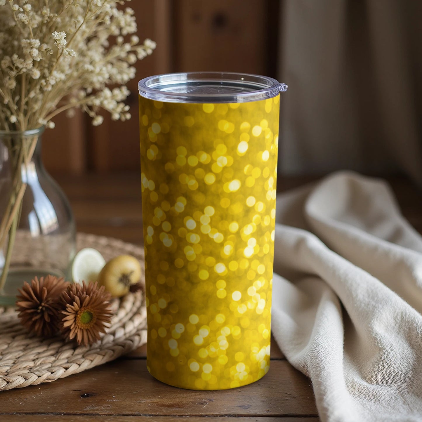 Shiny Gold Glitter Effect Tumbler With Lid For Beverages