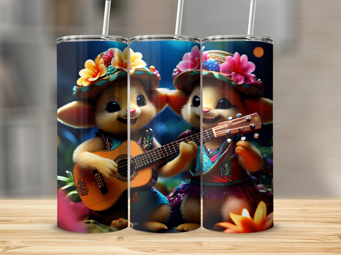 Furry creature with guitar and floral headdress, singing with colorful flowers.