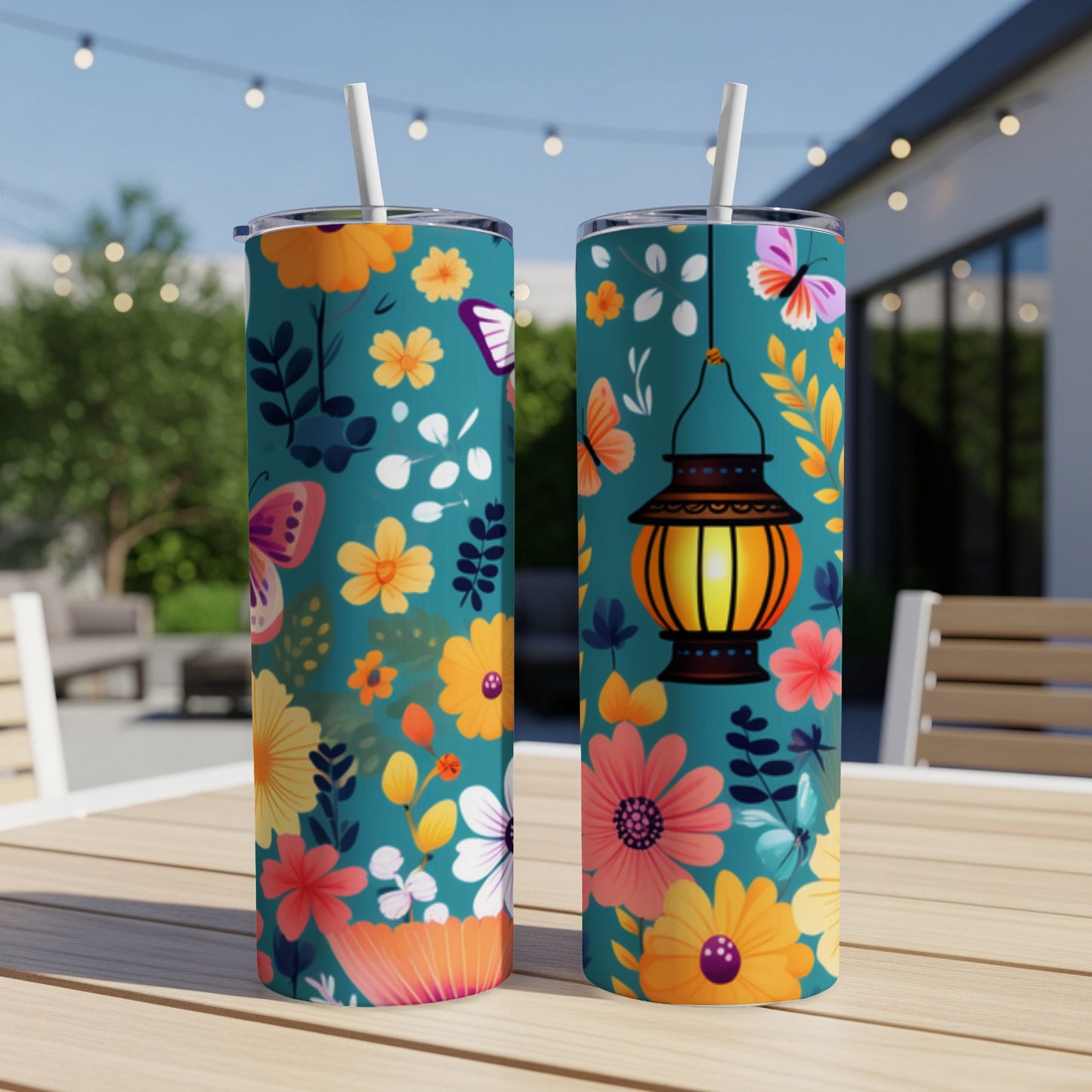 Two teal tumblers with colorful floral and butterfly designs and a lantern motif.
