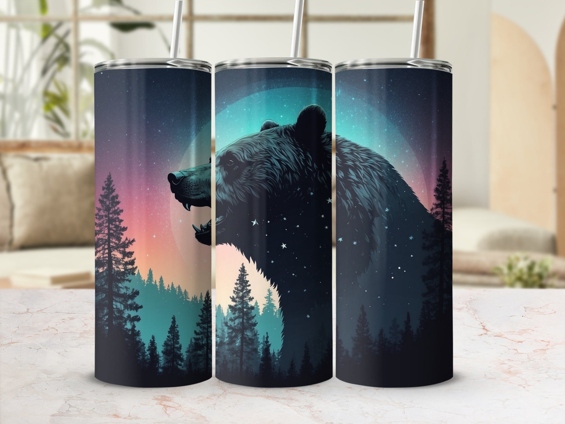 Bear silhouette against a starry night sky and forest scene on a tumbler.