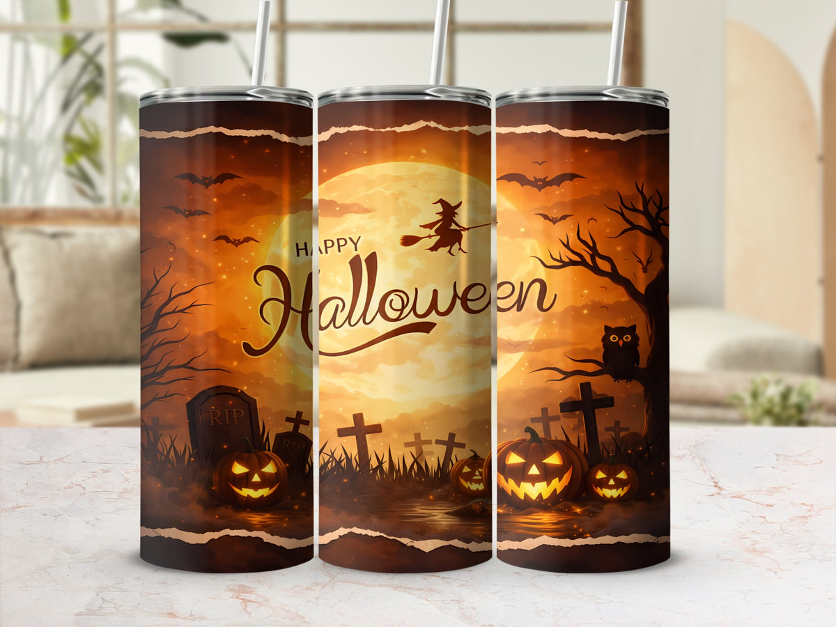 Three tumblers with a spooky Halloween design featuring jack-o'-lanterns, bats, and a witch.