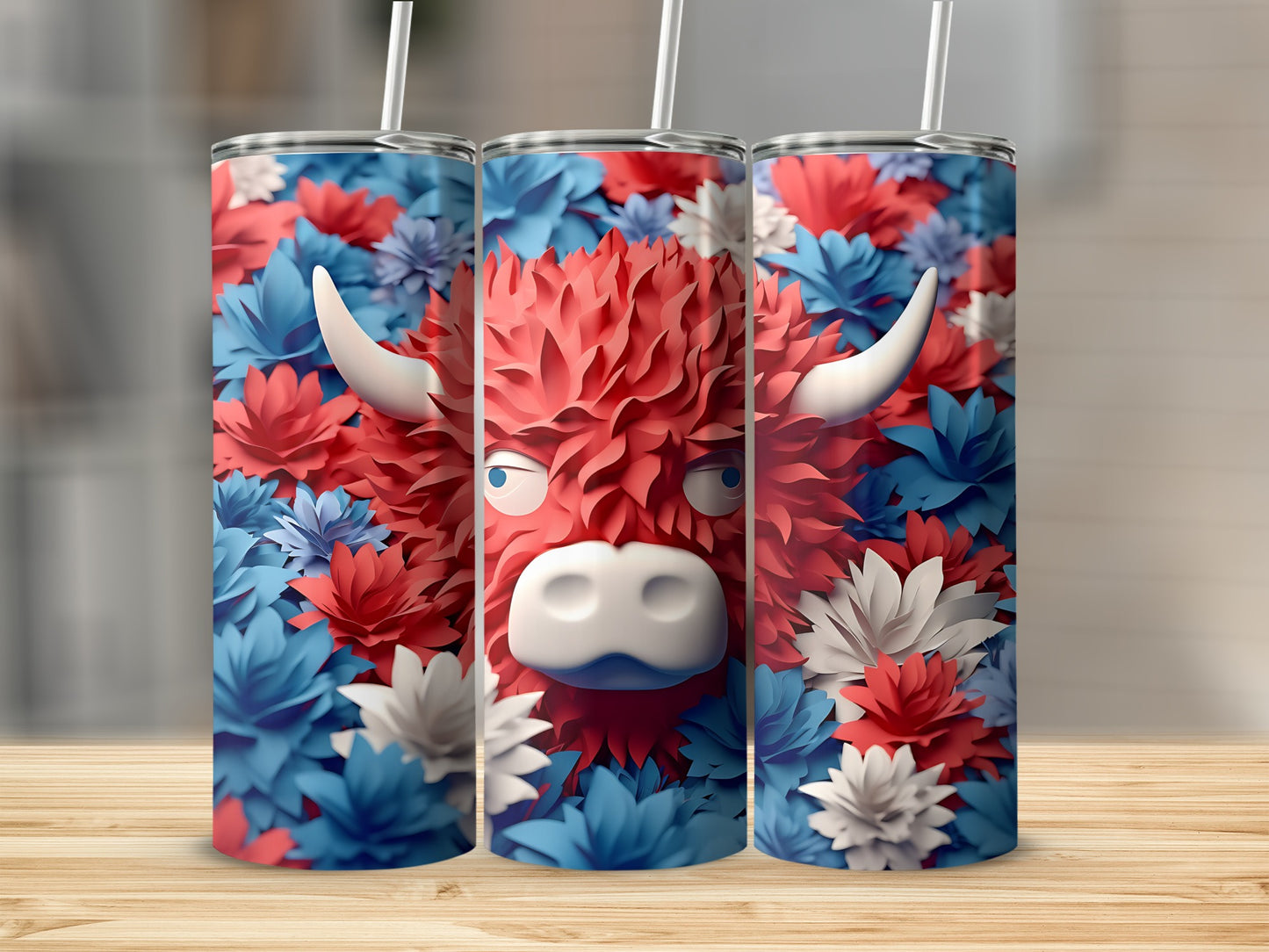 Three tumblers with a red bull's head design against a floral background.