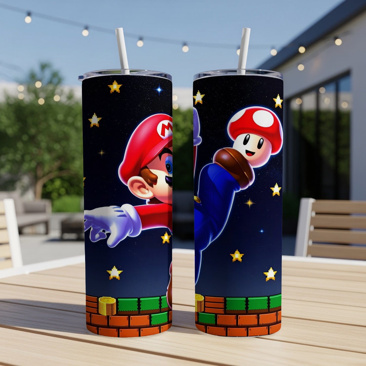Mario and a mushroom character on a star-filled background, on a tumbler.