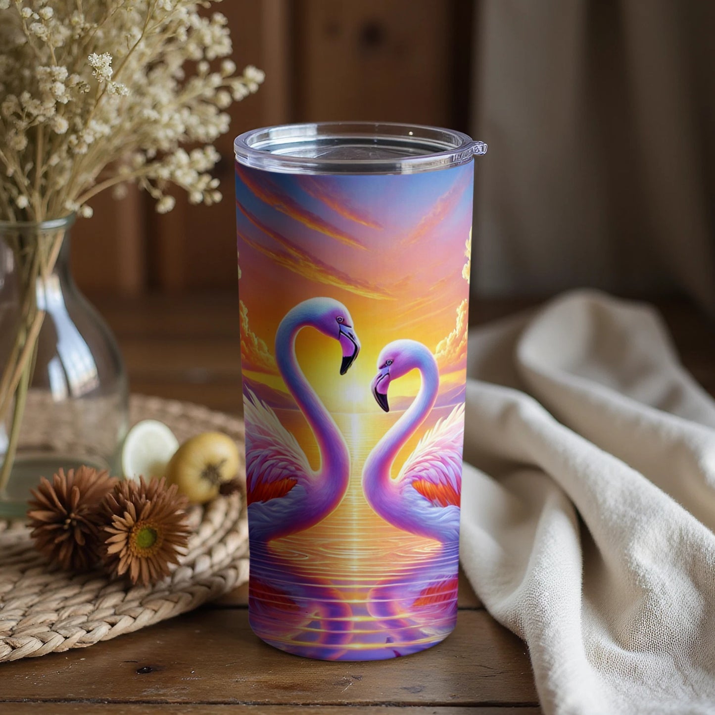 Vibrant Sunset Flamingo Scene Artistic Tumbler Cup