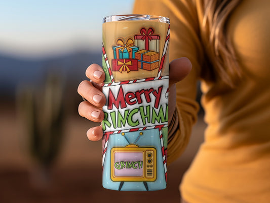 Merry Grinchmas Themed Holiday Tumbler with Gifts
