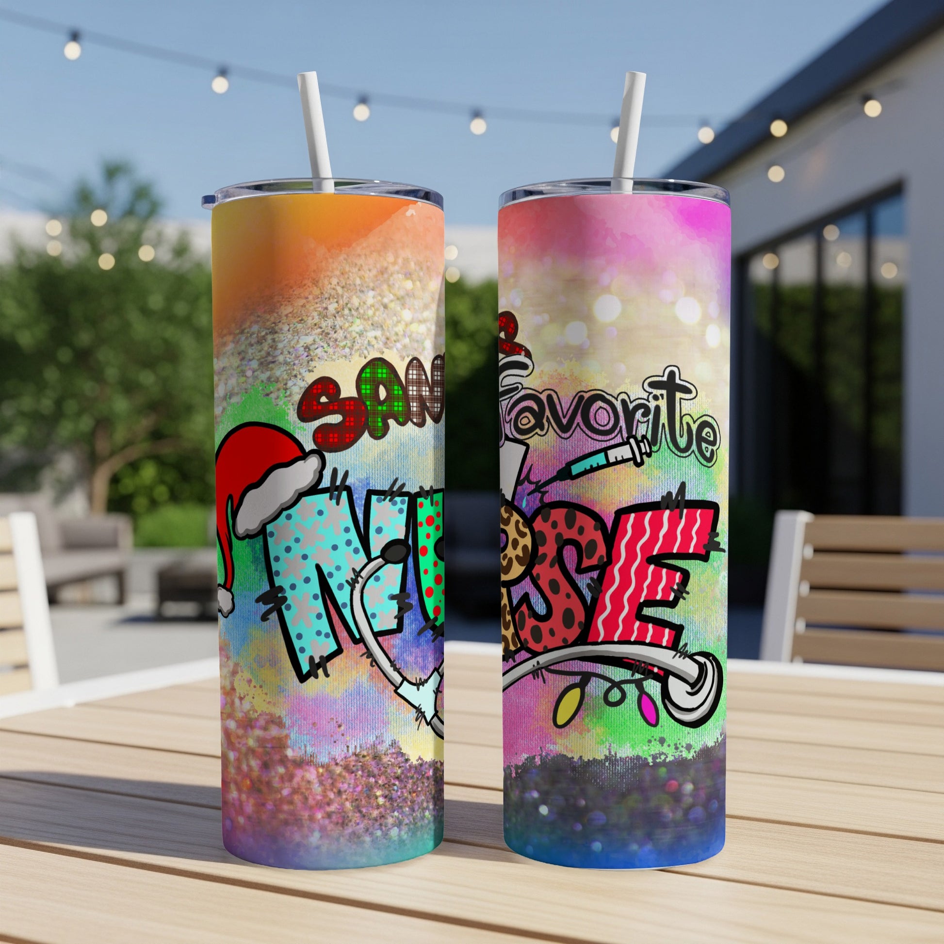 Two tumblers with Christmas nurse designs and text.