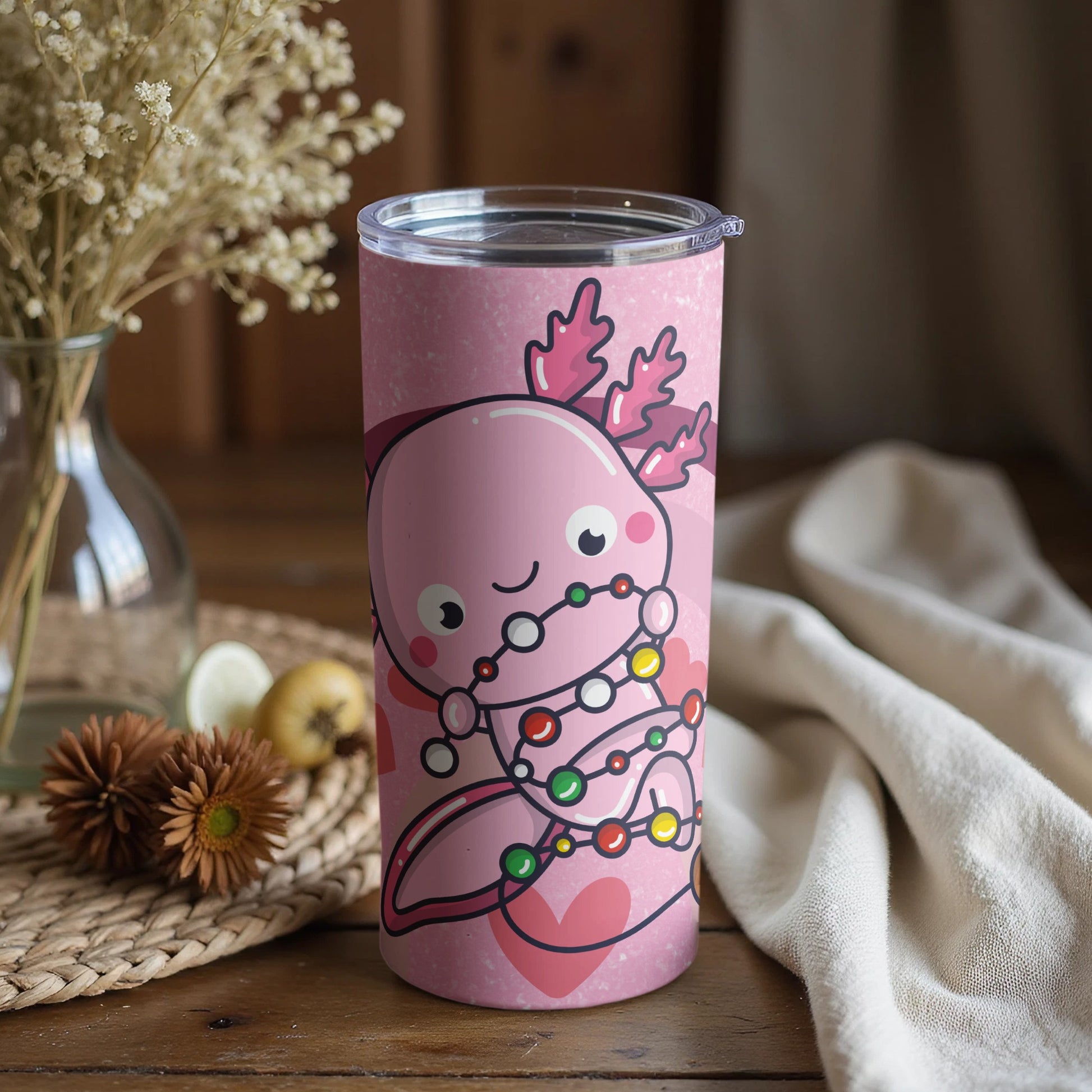 Cute Pink Axolotl with Beads Tumbler Cup