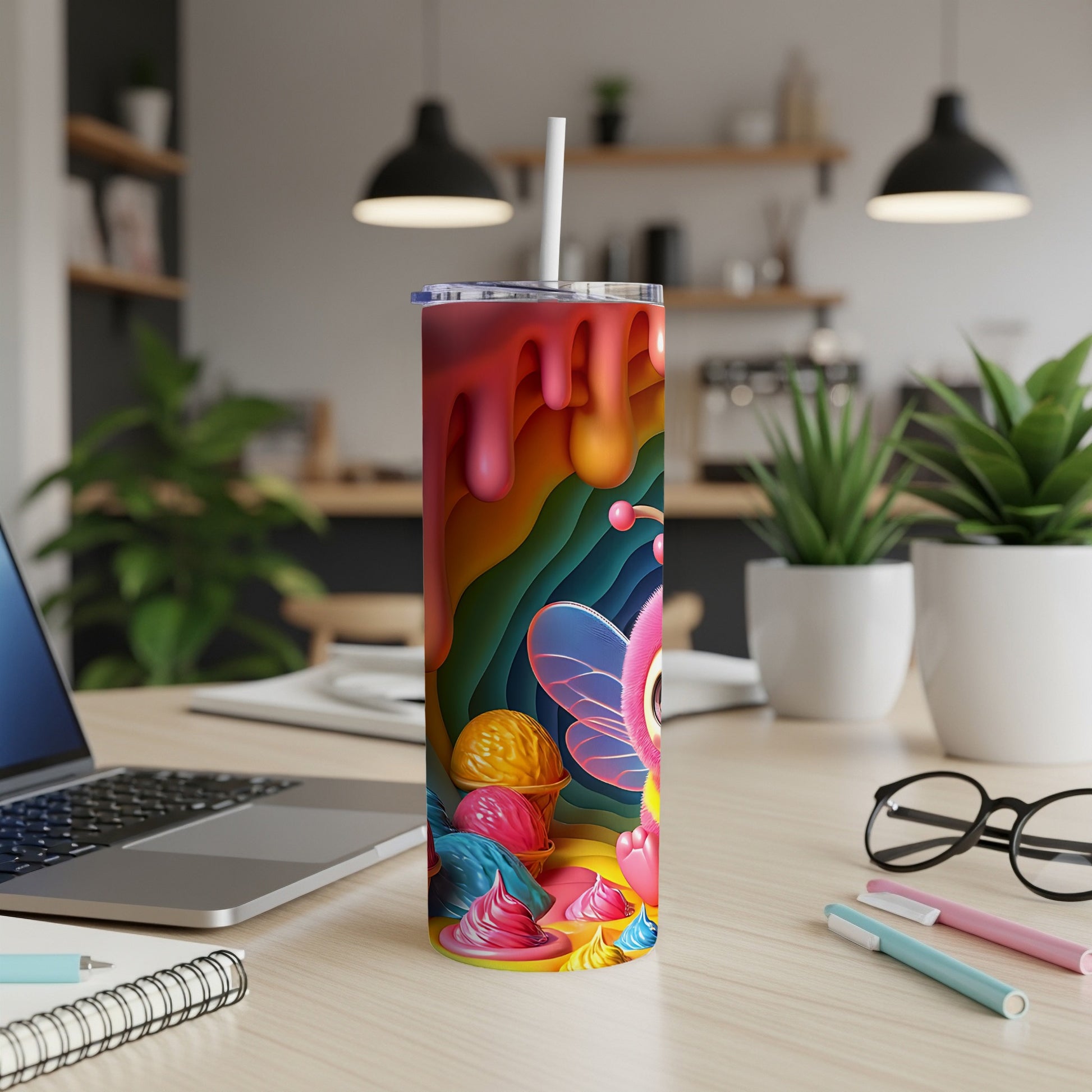 Colorful tumbler with cartoon butterfly and ice cream cones.
