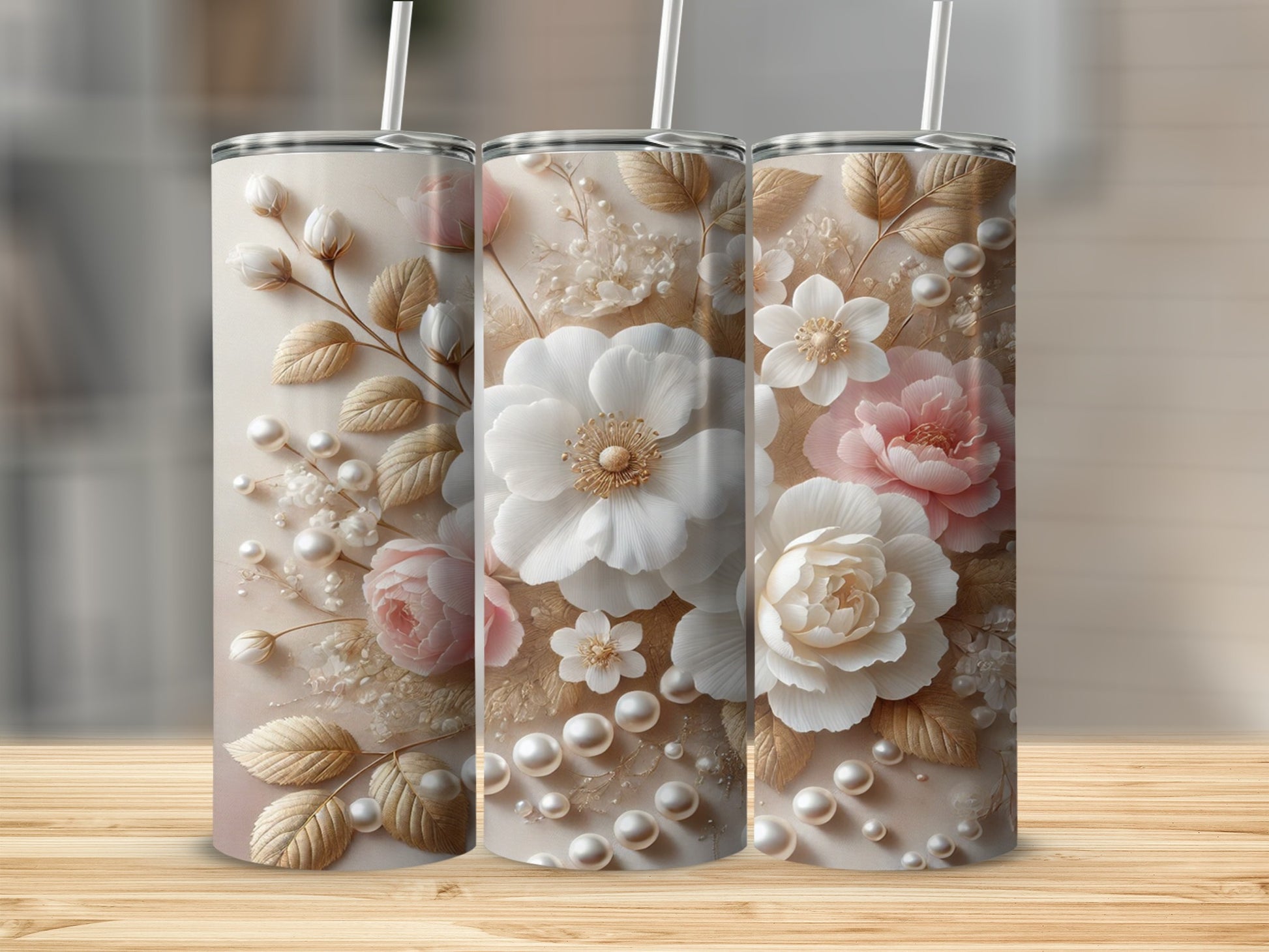Elegant Floral Tumbler with Pearl Accents Design