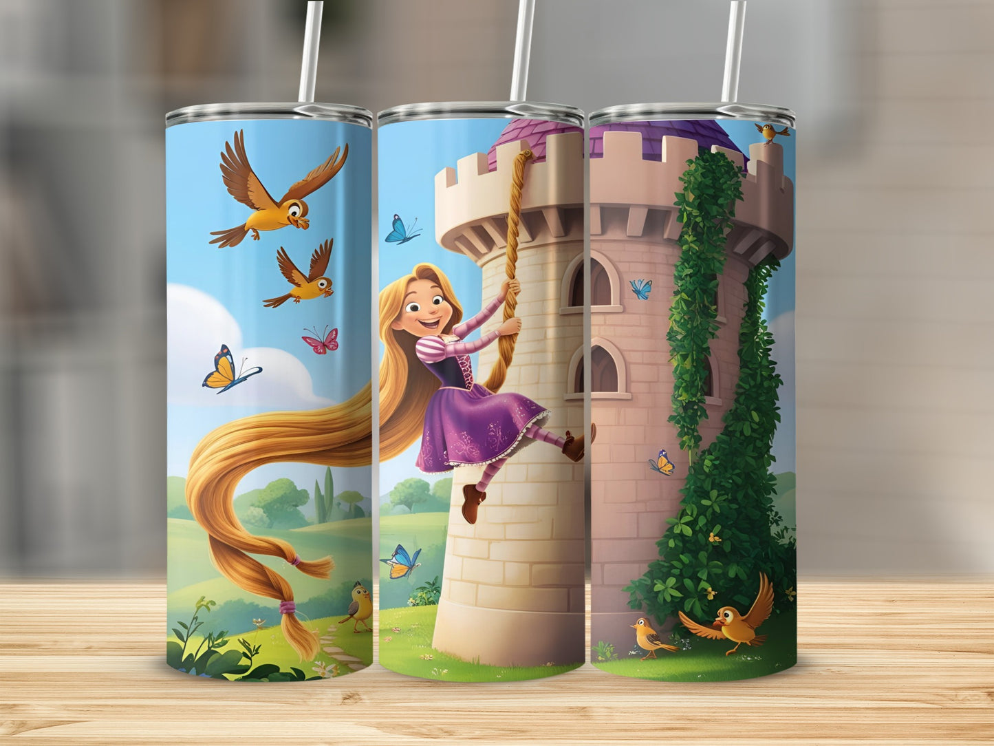 Tangled's Rapunzel climbs a tower with birds and butterflies in a whimsical scene.