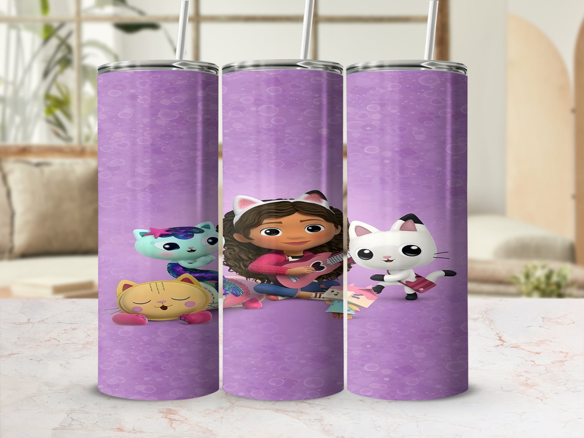 Three Gabby's Dollhouse tumblers featuring Gabby and cat characters on a purple background.