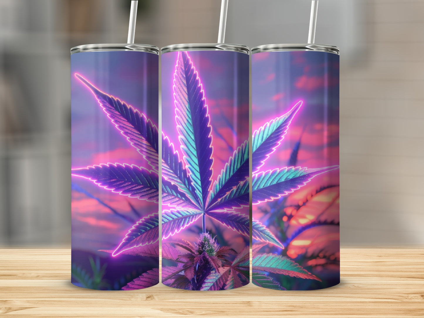 Purple and blue neon cannabis leaf on a tumbler with a pink and purple sunset background.