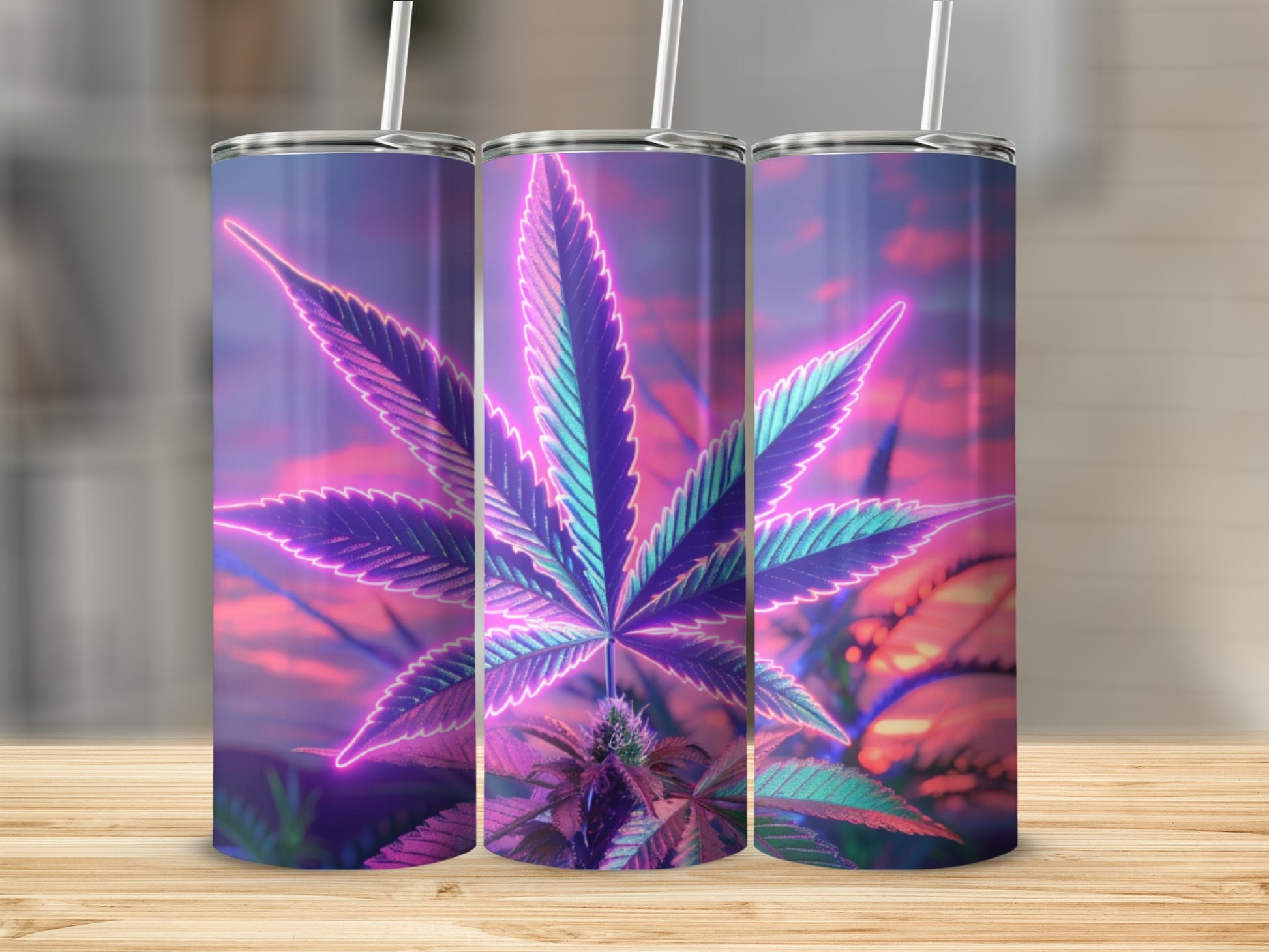 Purple and blue neon cannabis leaf on a tumbler with a pink and purple sunset background.