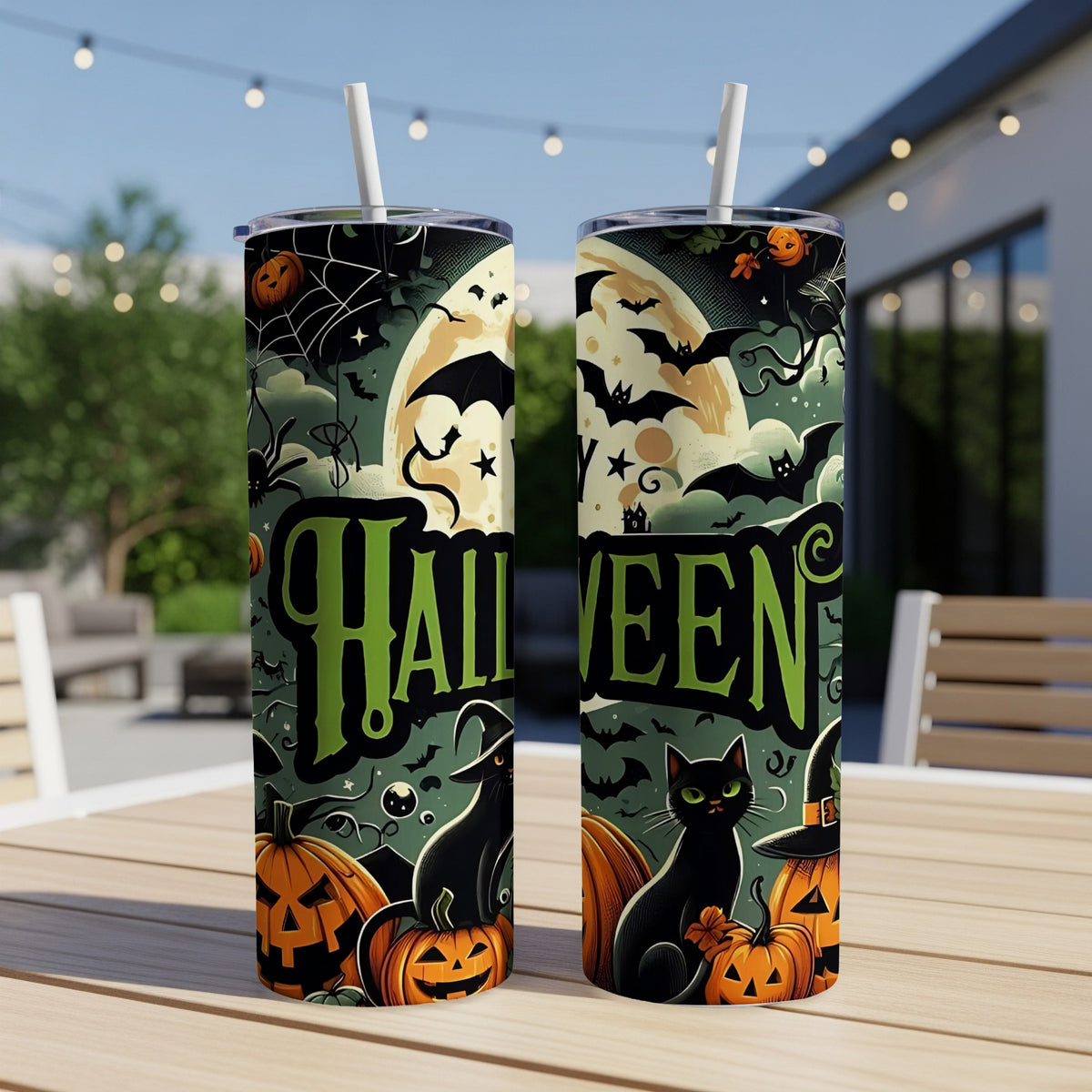 Halloween tumbler with black cats, pumpkins, bats, and a full moon design.