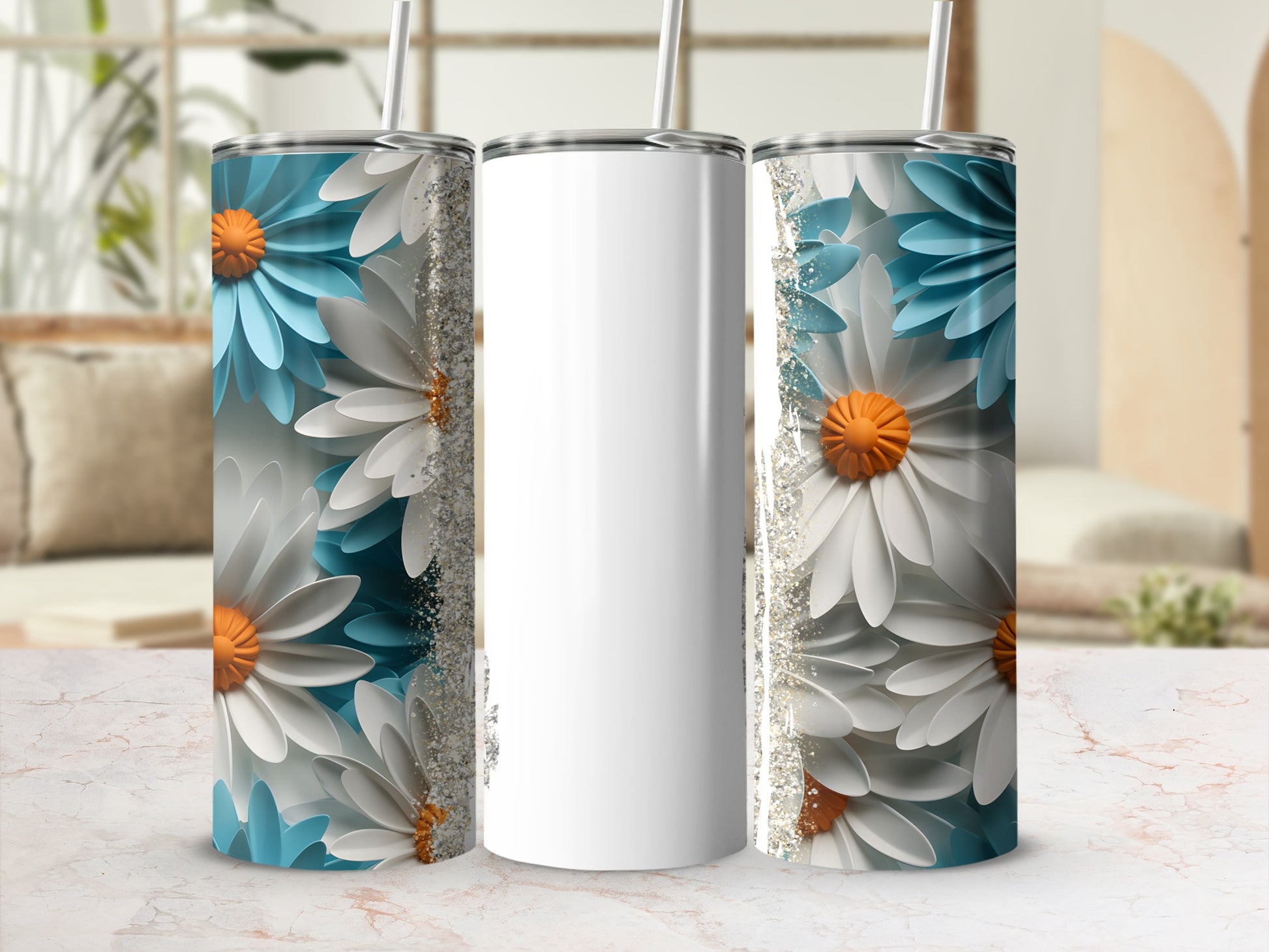 White tumbler with a floral design of blue and white daisies.