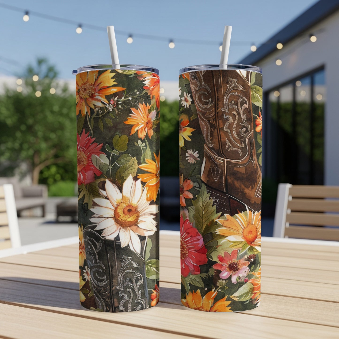 Two tumblers with floral and cowboy boot designs sit on a table.