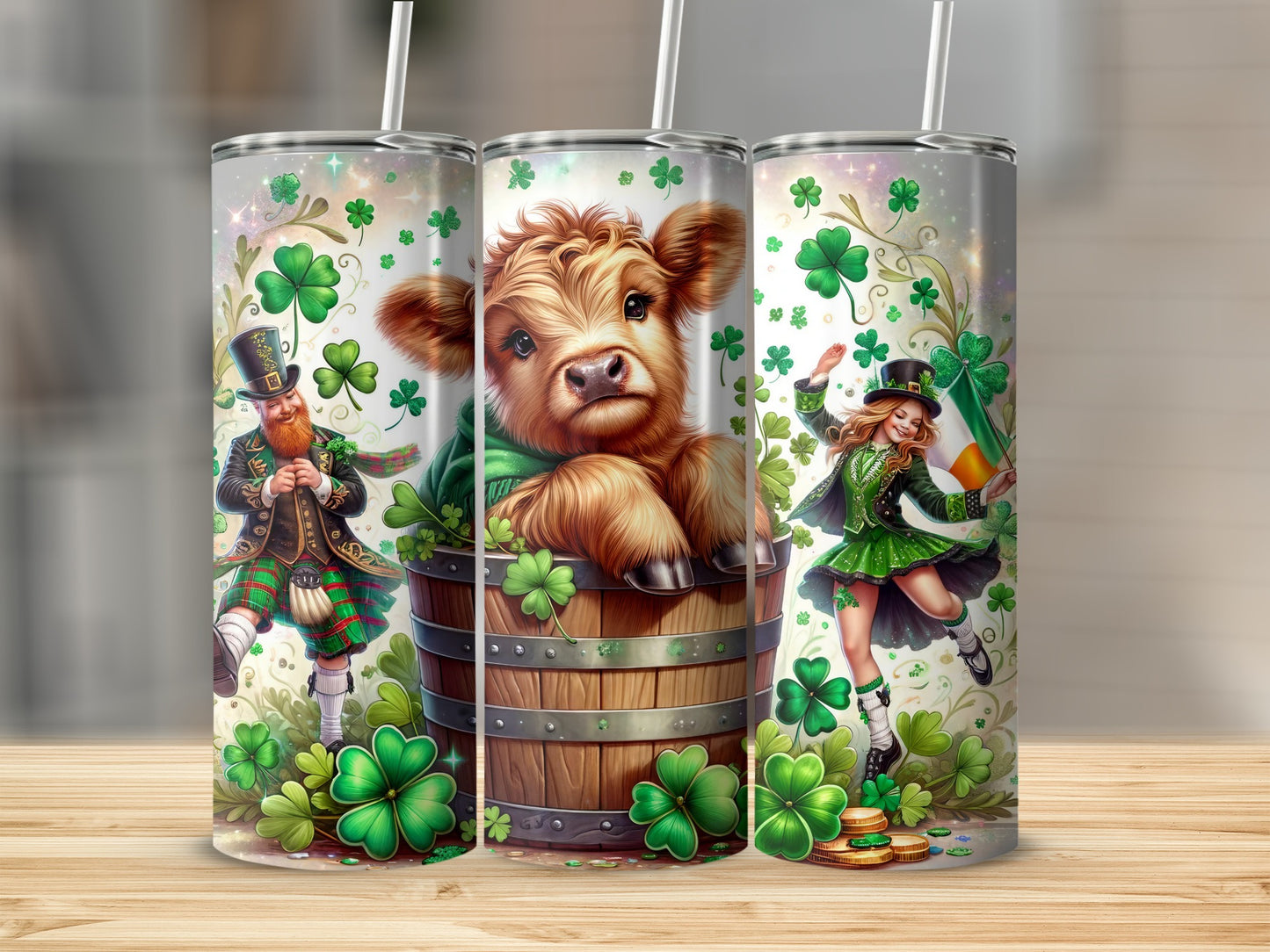 St. Patrick's Day tumbler with leprechaun, calf, and dancer.
